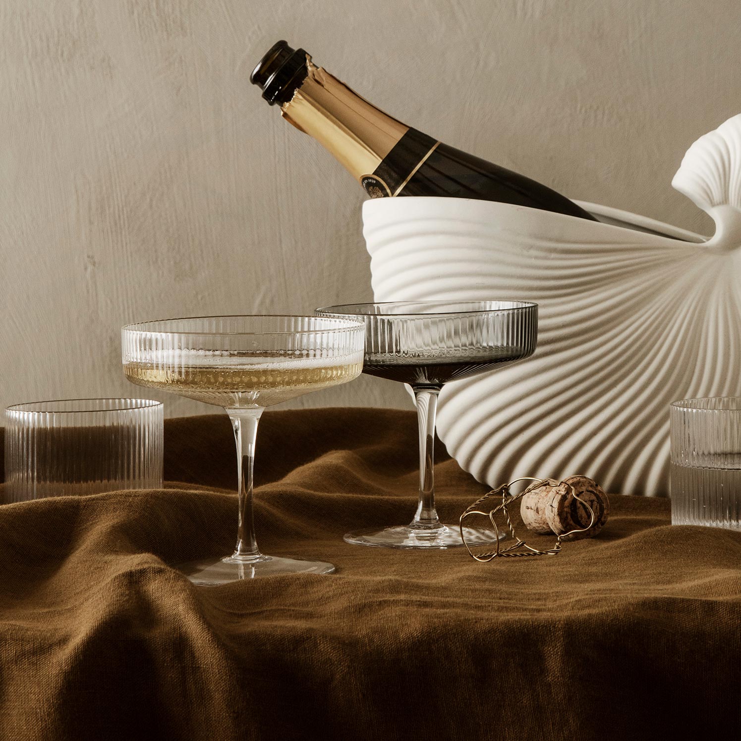 FERM LIVING Ripple Cocktail Glass Champagne Saucers - Set of 2 Clear Crystal Stemware for Champagne, Cocktails & Wine - Perfect for Weddings, Parties & Elegant Home Bar Decor