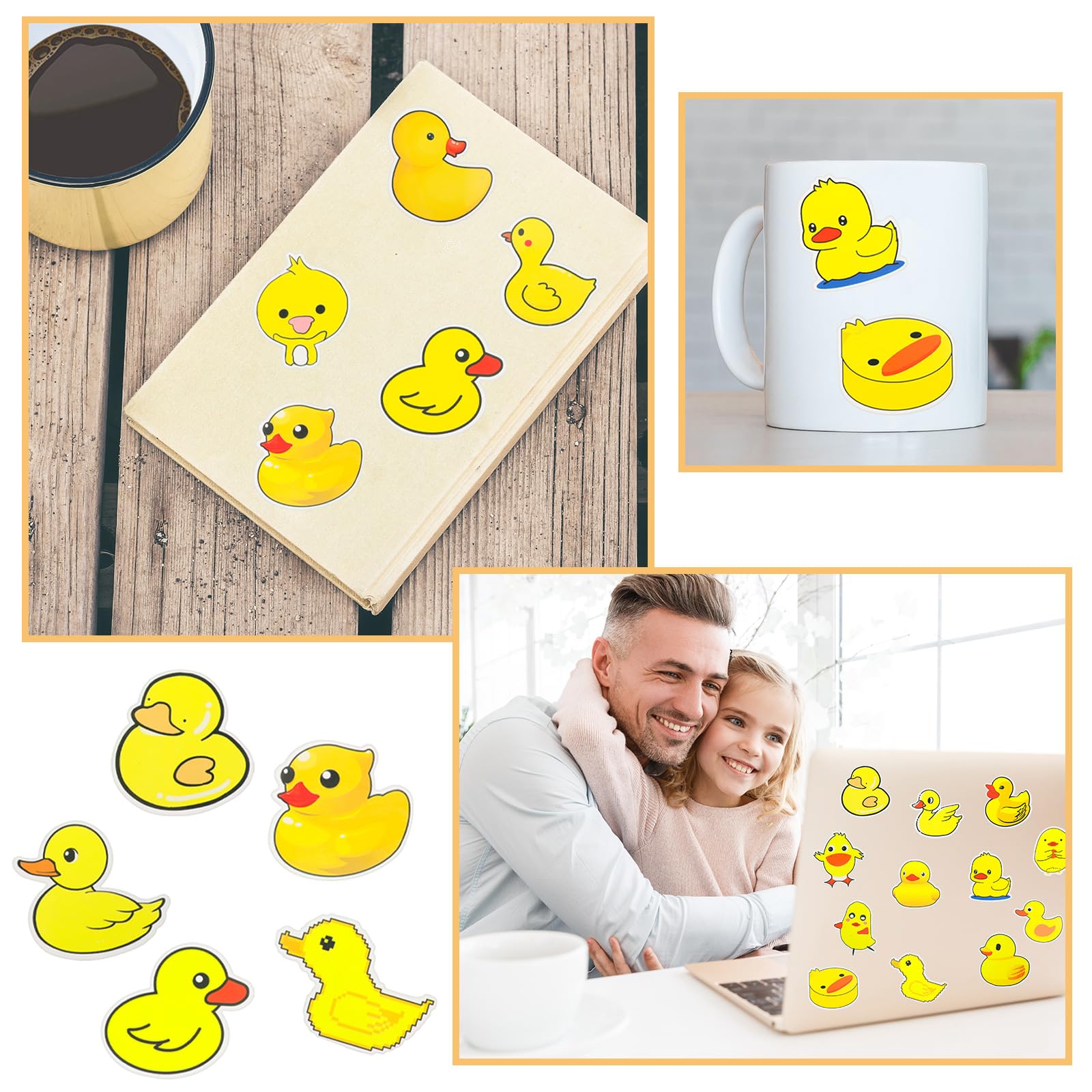 Sabary 200 Pcs Bulk Waterproof Duck Stickers - Cute Yellow Vinyl Decals for Water Bottles, Laptops, Luggage, Phones, Skateboards & Refrigerators | Perfect for Teens, DIY Crafts & Home Decor