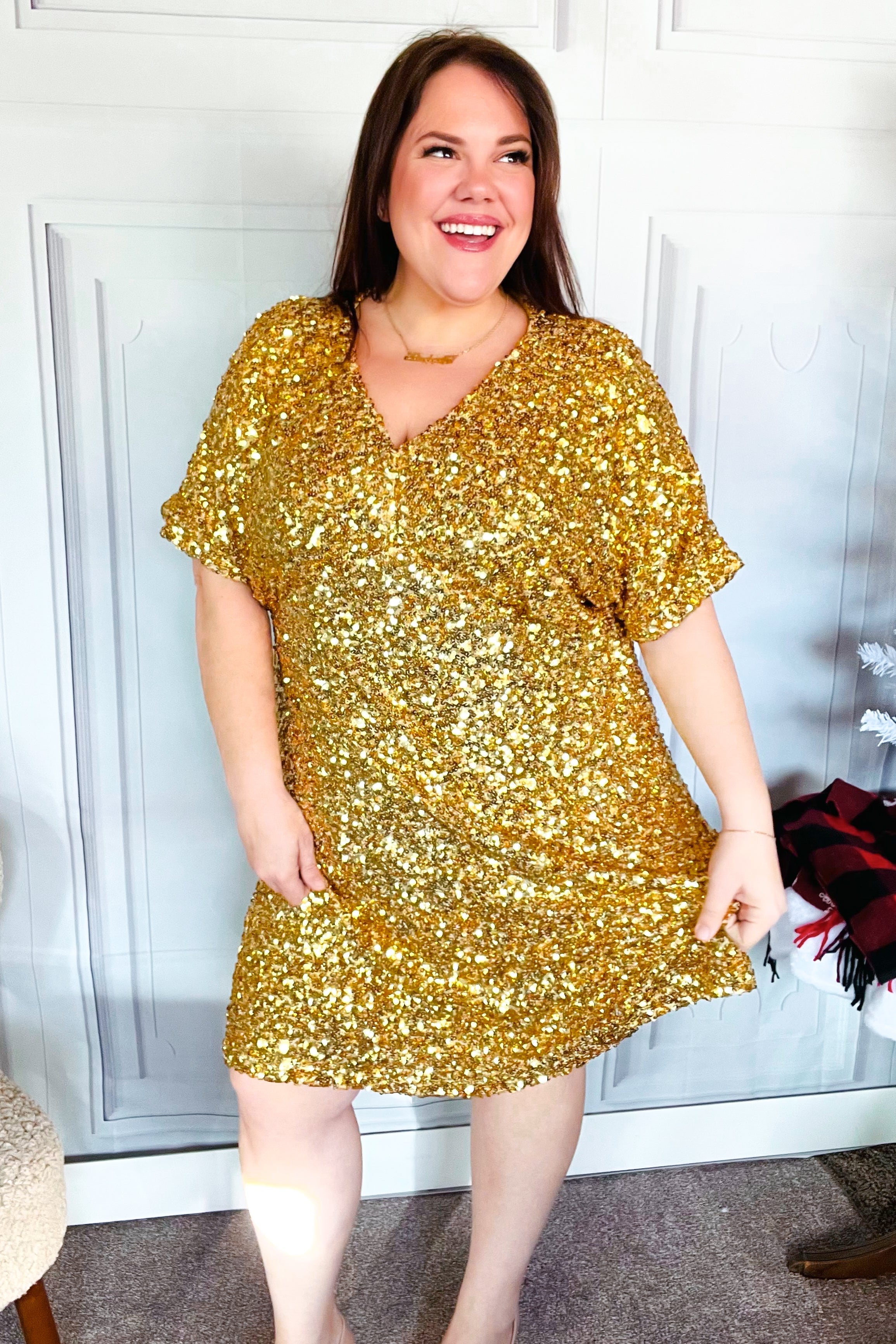 New Year Diva Dolman Gold Sequined Lined Babydoll Dress - Elegant Party Wear for NYE, Cocktail Parties & Special Occasions