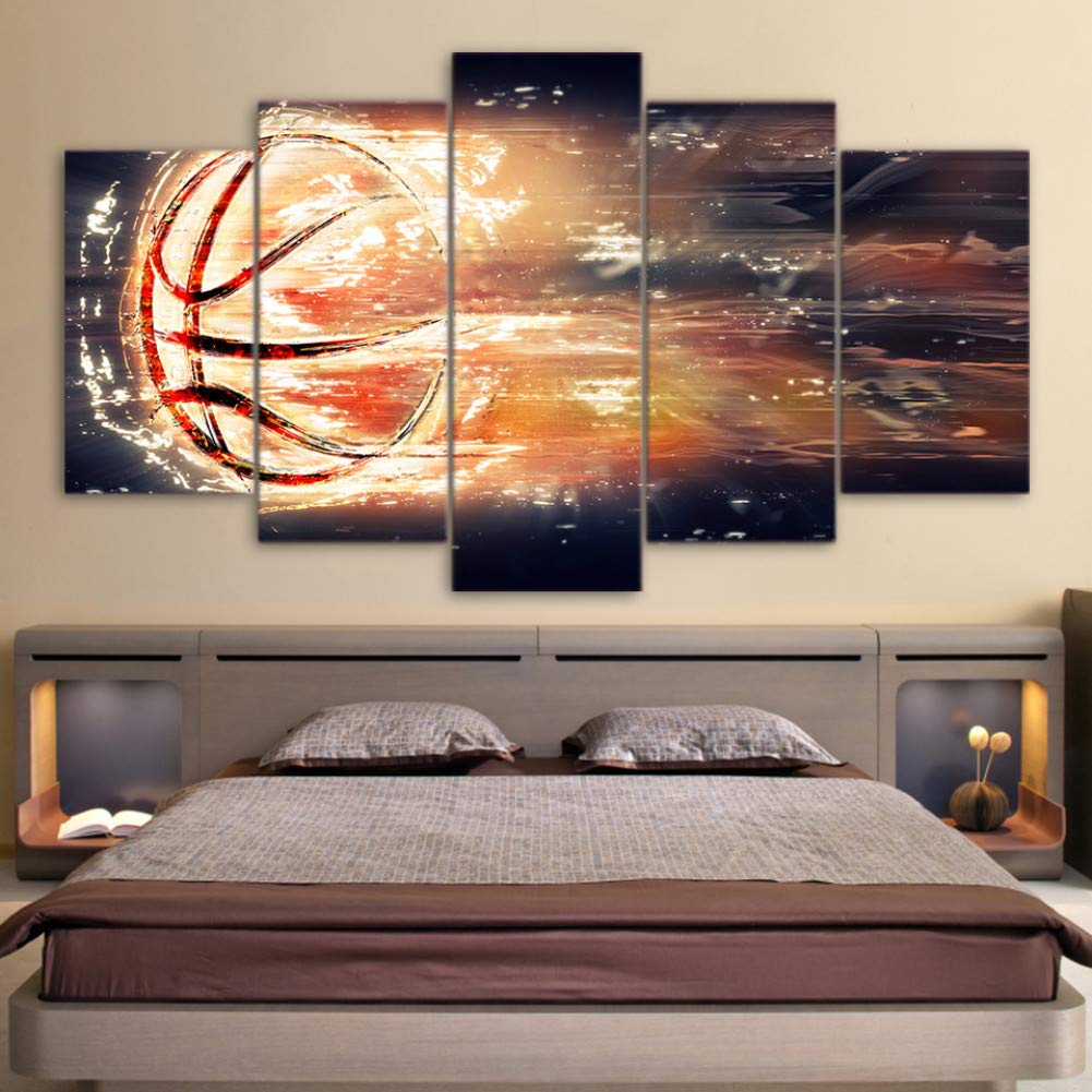 SHUII Modern 5-Panel Canvas Wall Art - Fire Basketball HD Printed Framed Painting (30x40cm/30x60cm/30x80cm) - Home Decor for Living Room, Bedroom & Office | Stylish Modular Poster Artwork for Sports Fans & Contemporary Interior Design
