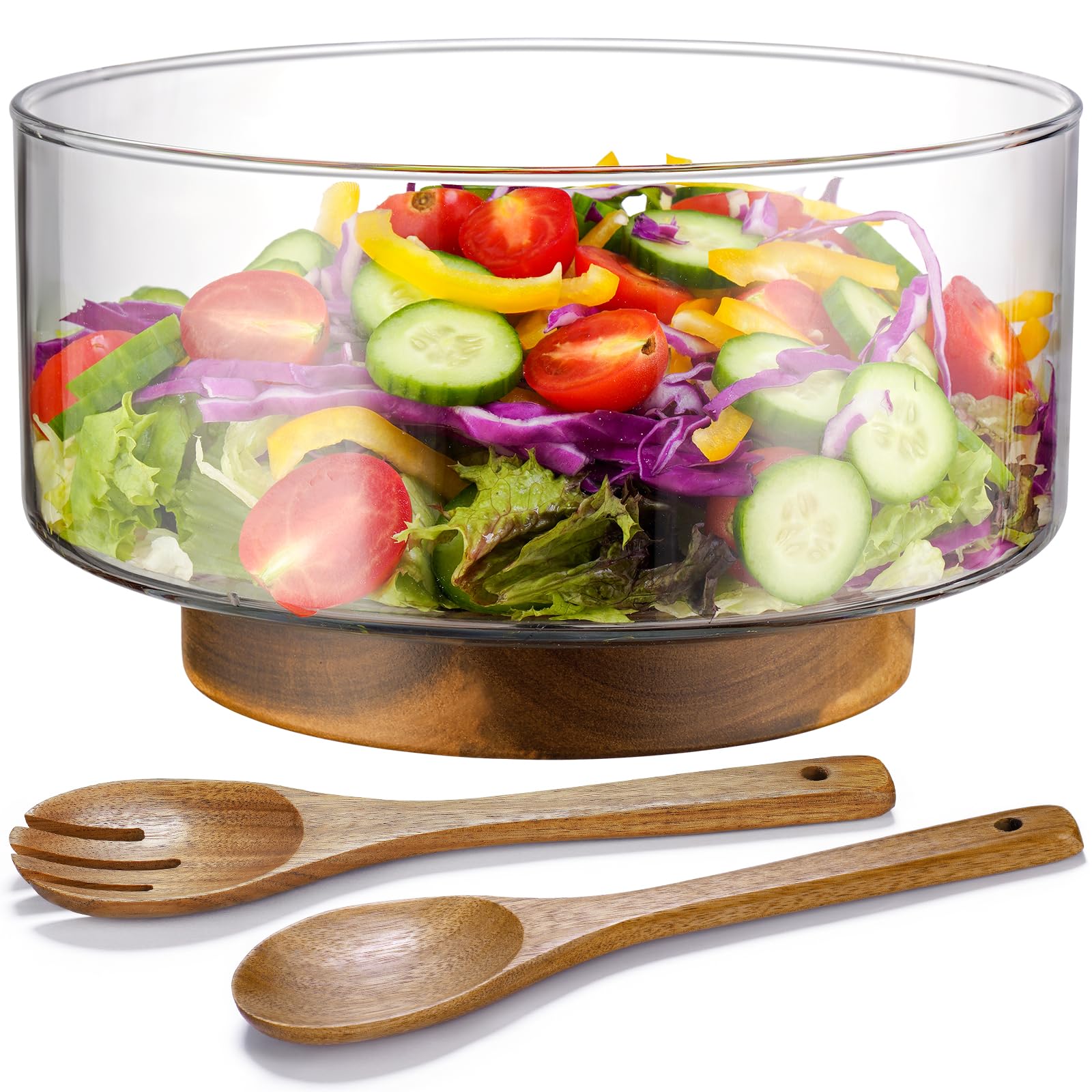 NiHome Large Glass Salad Bowl with Acacia Wood Tongs - 4.5QT Durable Serving Dish for Salads, Fruits, Pasta | Perfect for Family Dinners, Parties & Outdoor Picnics