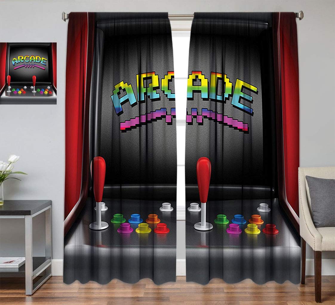 Retro Arcade Video Game Thermal Insulated Curtain - 80s Vintage Gaming Design with Joystick Buttons - 60