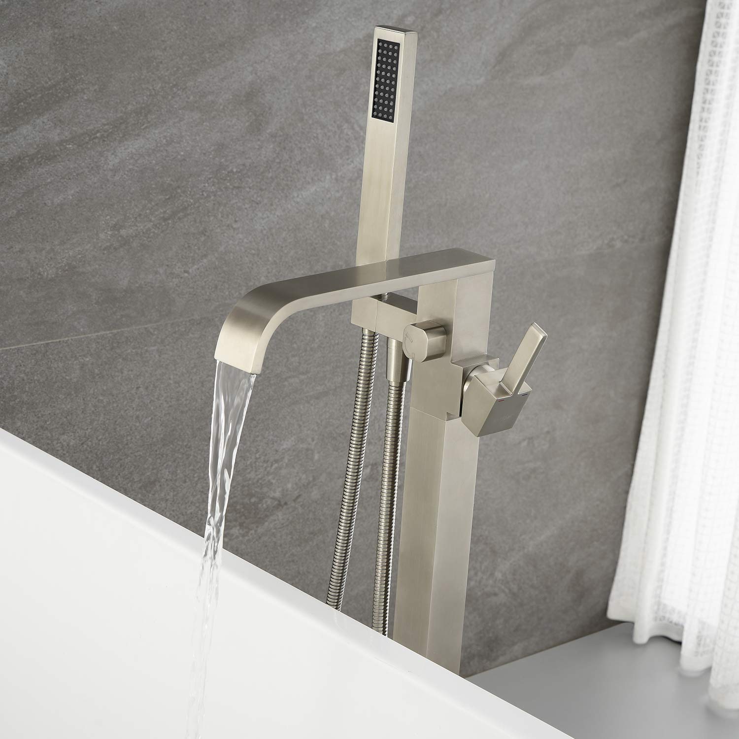 Freestanding Bathtub Faucet - Brushed Nickel Floor Mount Tub Filler with Single Handle & Hand Shower - Durable Brass Construction for Modern Bathrooms | Perfect for Spa-Like Relaxation and Luxurious Bath Experiences