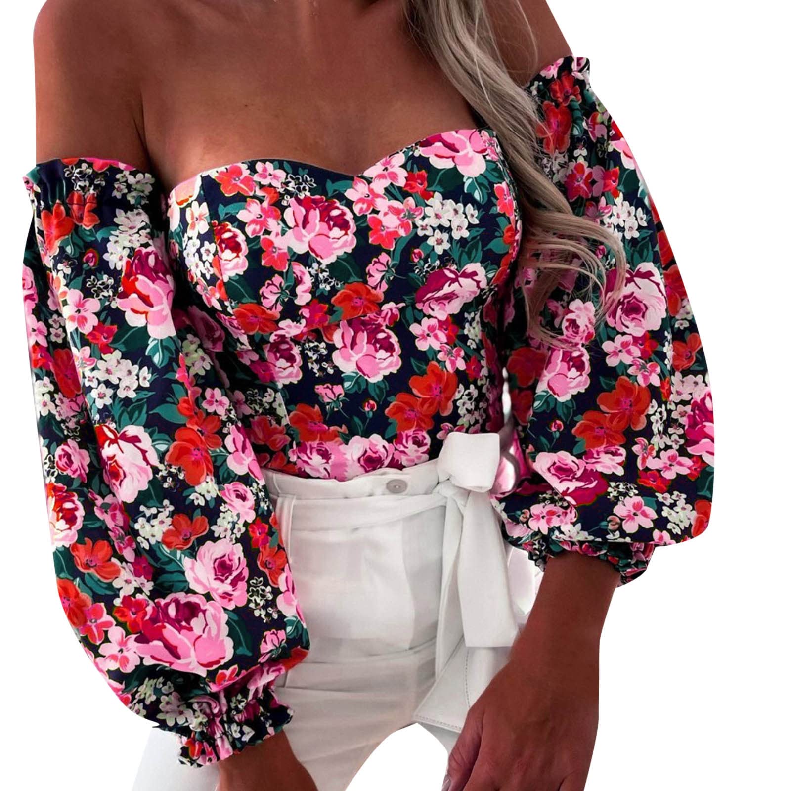Women's Long Sleeve Soccer Shirts - Off Shoulder Floral Print Blouse with Flare Sleeves for Casual Wear & Sports | Perfect for Soccer Games, Date Nights & Outdoor Activities