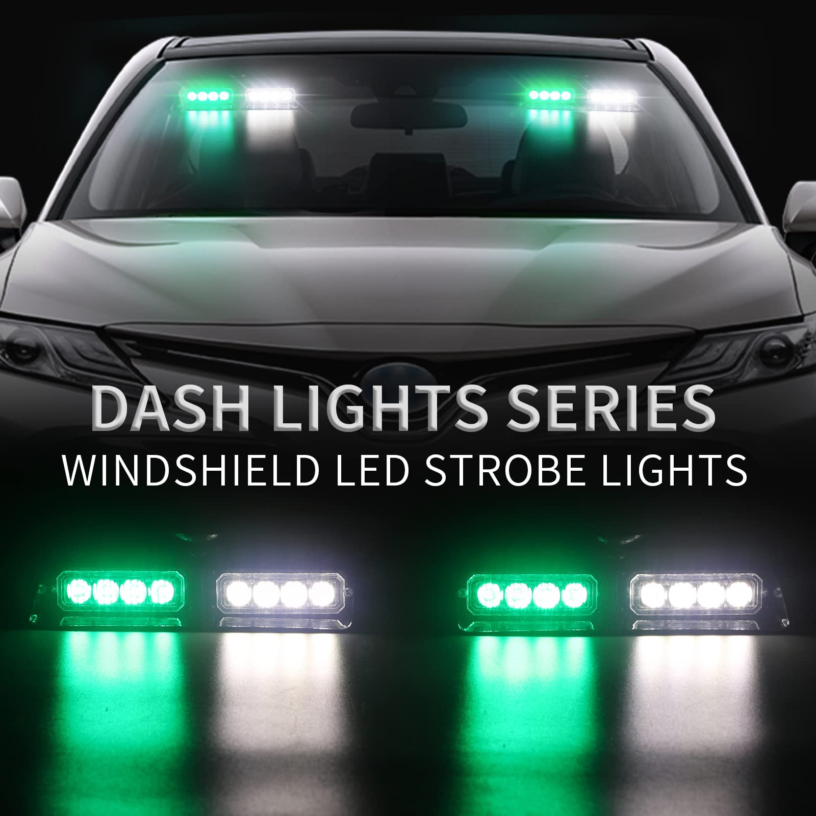 XRIDONSEN 2-in-1 Green & White Emergency Strobe Lights - 16 LED Flashing Warning Lights with Suction Cups for Trucks, Construction Vehicles (7.16x2 Inch) - Ideal for Roadside Emergencies, Hazard Visibility & Vehicle Safety