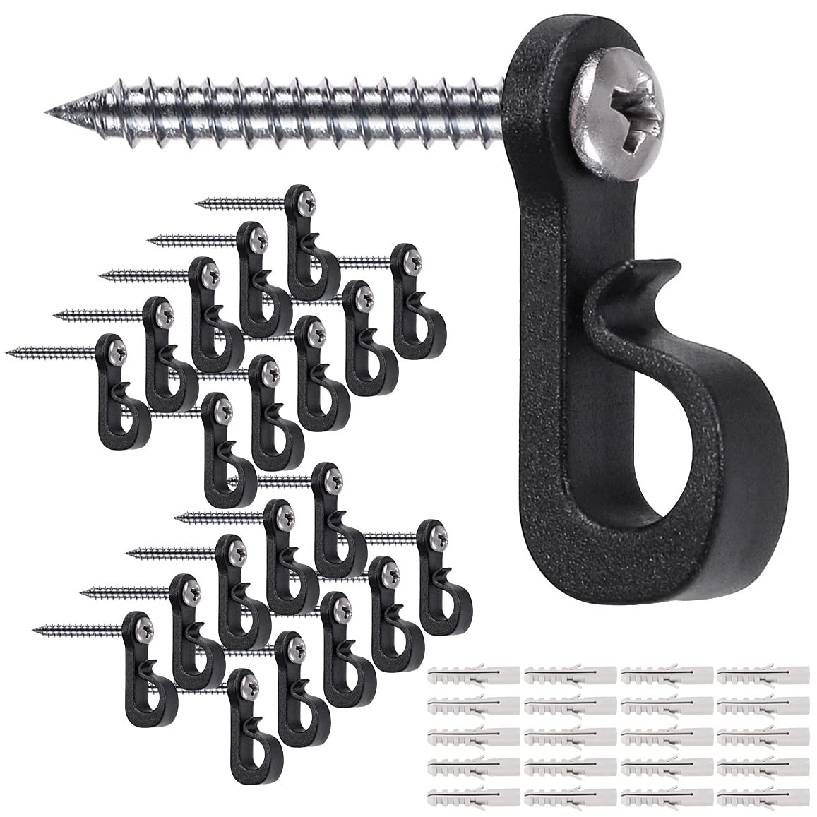 SELEWARE 20 Pack Q-Hangers - Heavy Duty Christmas Light Hooks with Phillips Screw for Outdoor & Indoor Use - Garage, Holiday Party, Fairy LED Lights - Easy Release Wire Hangers - Black (Perfect for Rooflines, Trees, and Holiday Decorations)