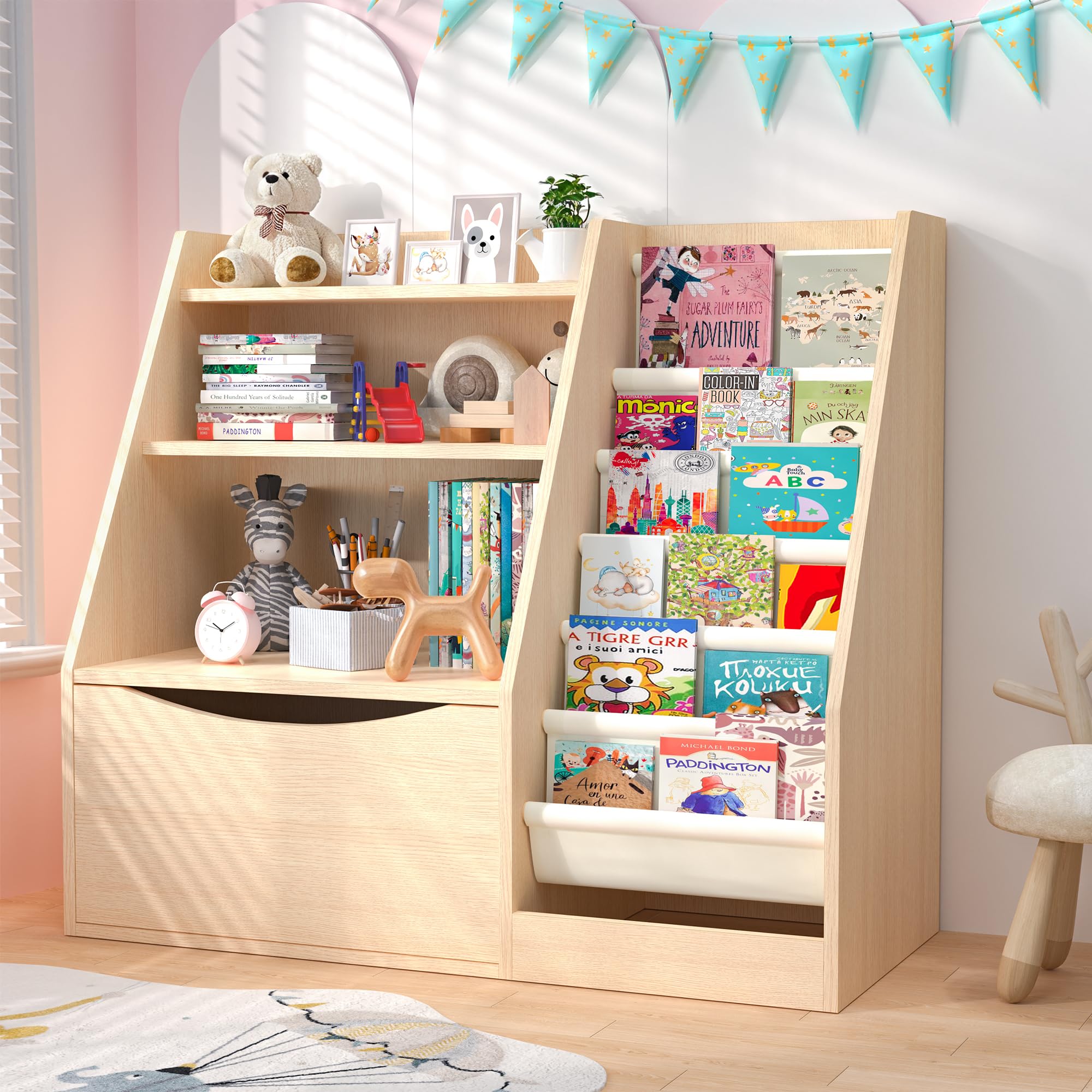 TOETOL 3 Tier Kids Bookshelf - Natural Wood Book Storage Organizer for Nursery, Playroom, Classroom & Bedroom | 6 Sling Toddler Bookshelf with Storage Boxes | Perfect for Kids' Book Organization and Room Decor