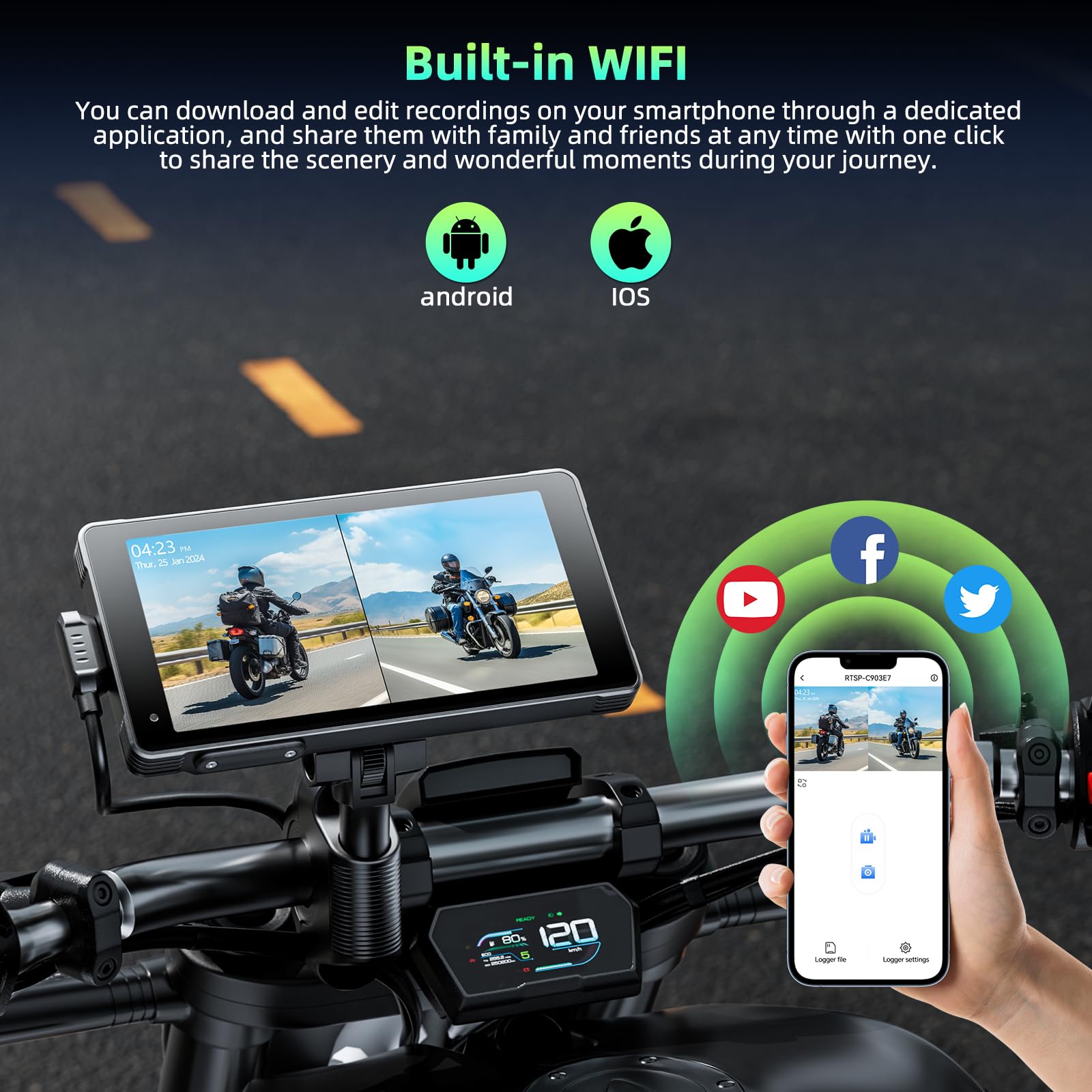 HOTPEAK 5.5-Inch IP67 Waterproof Motorcycle Stereo with Wireless CarPlay & Android Auto, 2K Front + 1080P Rear Dashcam, Bluetooth, Navigation & Voice Assistant - Perfect for Adventure Riding, Commuting and GPS Navigation on Your Bike