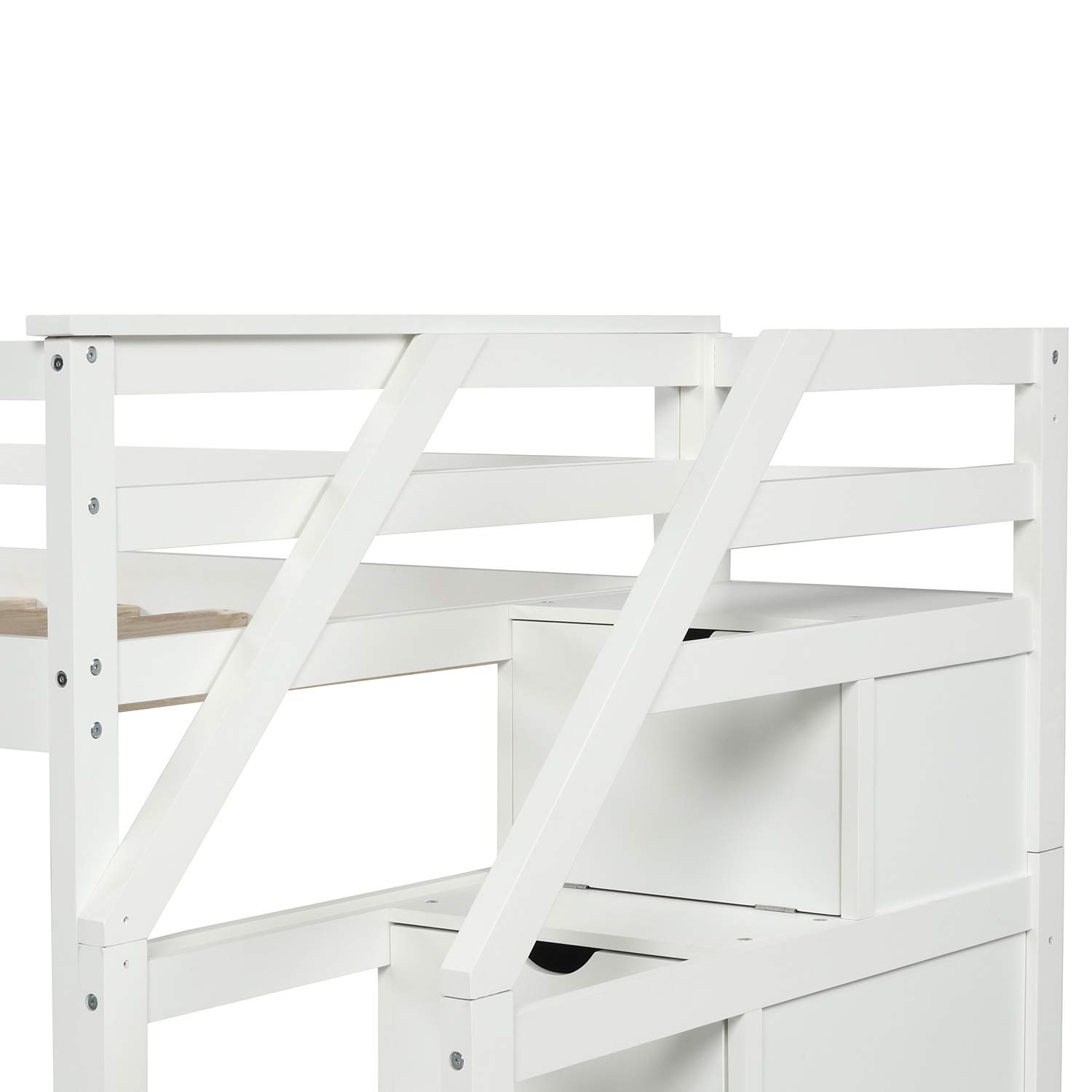 P PURLOVE Twin Over Twin Bunk Bed with Trundle - Solid Wood Stairway Bunk Bed Frame with Stairs & Storage - Full Length Guardrail for Kids, Teens & Guest Rooms - Space Saving Bedroom Furniture (White) - Perfect for Small Spaces, Shared Rooms & Vacation Homes