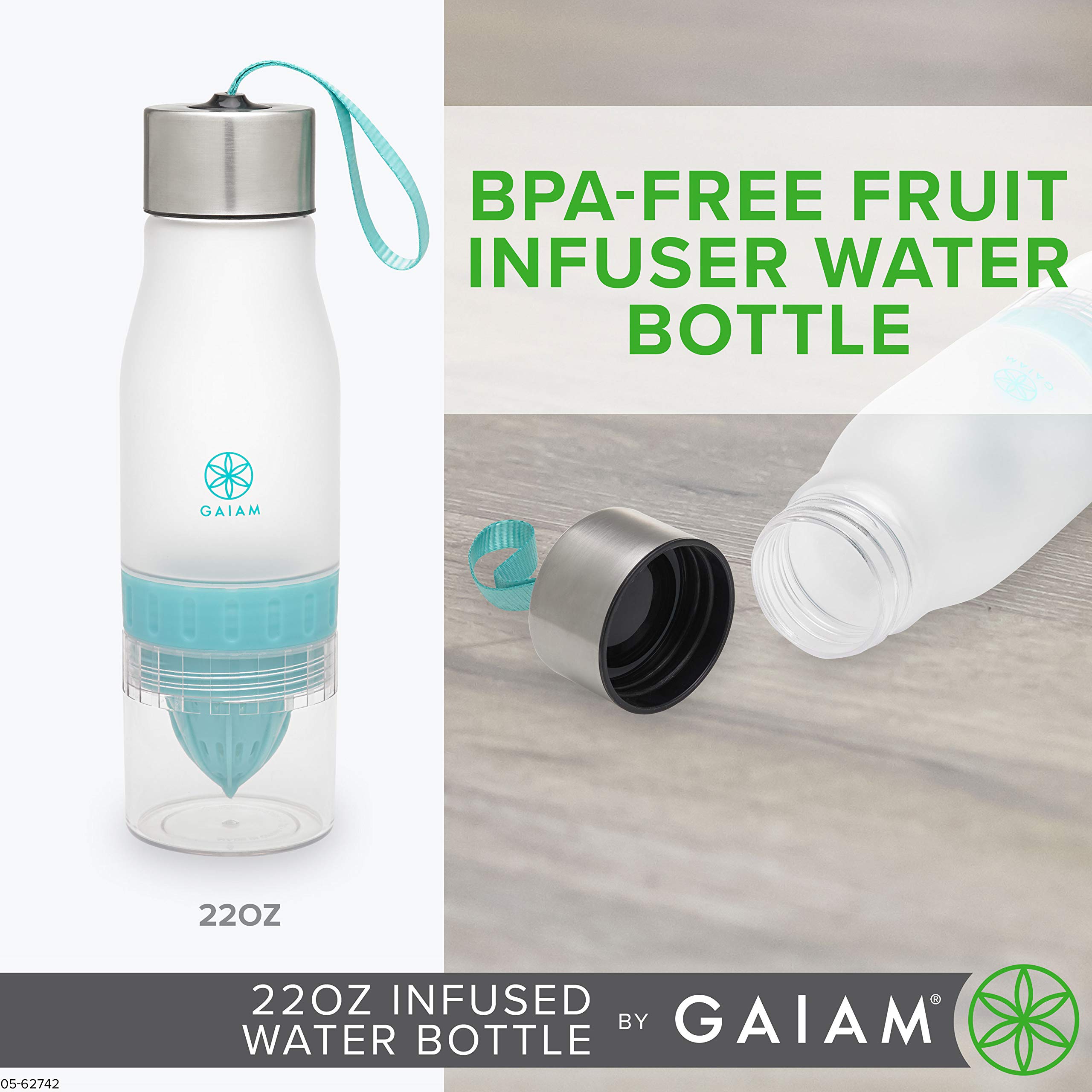 Gaiam BPA Free Fruit Infuser Water Bottle - Non-Toxic Leak Proof Sports Bottle for Gym, Yoga & Outdoor Activities