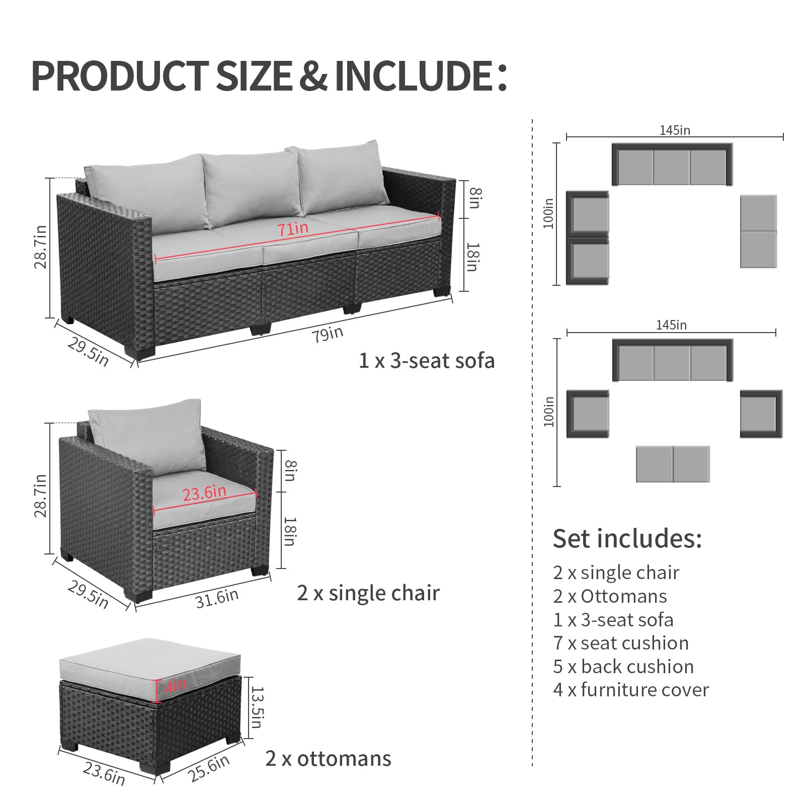 Rattaner 5-Piece Outdoor Wicker Patio Furniture Set - Grey Sectional Sofa with No-Slip Cushions & Waterproof Covers | Perfect for Backyard, Poolside & Garden Relaxation