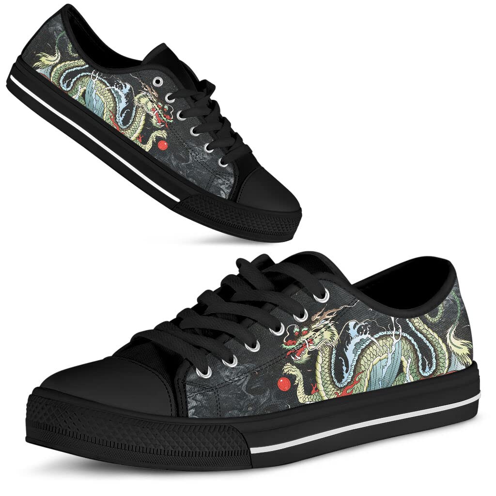 Japanese Dragon Black Canvas Low Top Sneakers - Unisex Dragon Print Shoes with Gift Box | Perfect for Anime Fans, Streetwear Fashion & Japanese Culture Enthusiasts