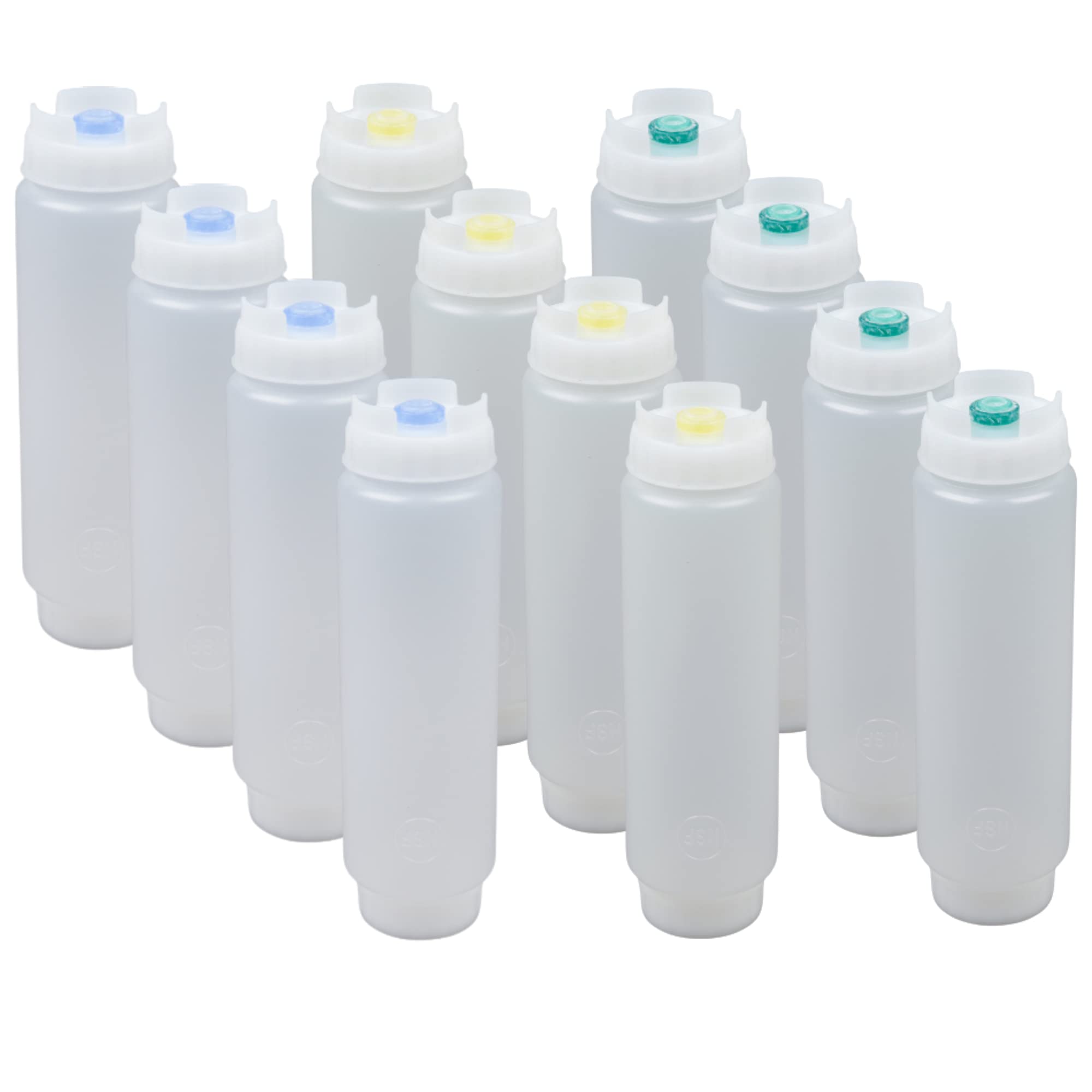 12 Pack FIFO Refillable Squeeze Bottles (16 oz) - 4 Green, 4 Yellow, 4 Blue with Small Valve Tips | No Drip Self-Sealing Dispensers for Sauces, Condiments, Batter & Dressings | Perfect for Restaurants, Catering & Home Kitchen Use