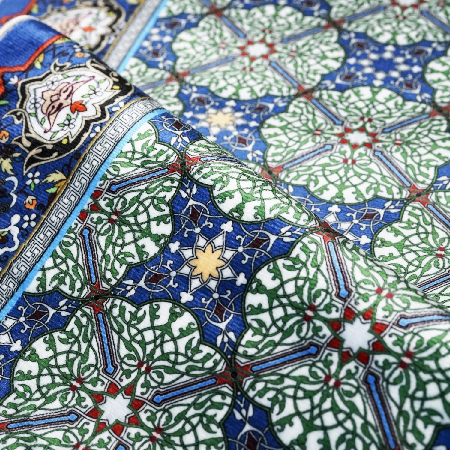 Premium Islamic Prayer Rug - Blue & Green Tile Design for Home, Mosque & Travel - Soft & Durable Muslim Prayer Mat for Daily Salah
