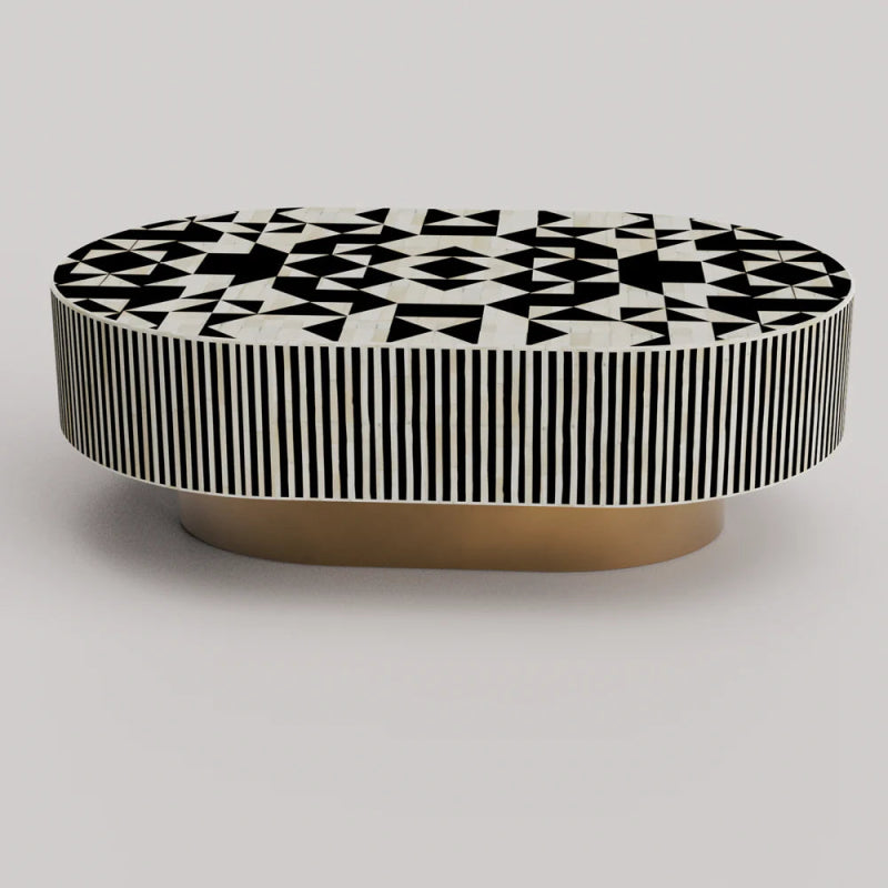 Handmade Bone Inlay Oval Coffee Table with Striped Design - Black Wooden Accent Table for Living Room, Boho Home Decor & Modern Interior Design