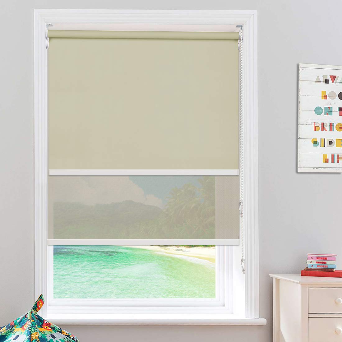 Keego Blackout Roller Shades for Windows - Dual Layer Sheer & Blackout Window Blinds - Light Filtering & Room Darkening - Beige 100% Blackout & 50% Filtering (31