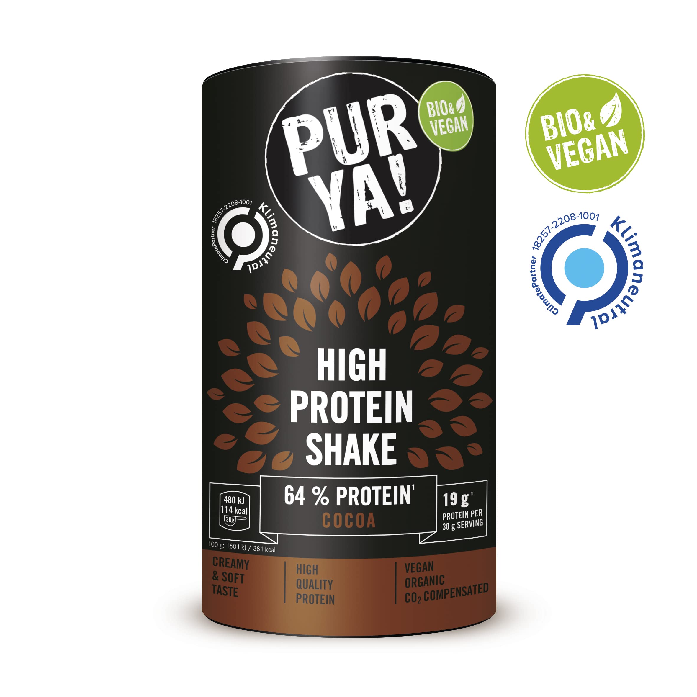 PURYA! Vegan High Protein Shake Cocoa - Organic Plant-Based Protein Drink Powder for Sports & Fitness, Lactose-Free, 500g - Perfect for Post-Workout Recovery & Healthy Meal Replacement