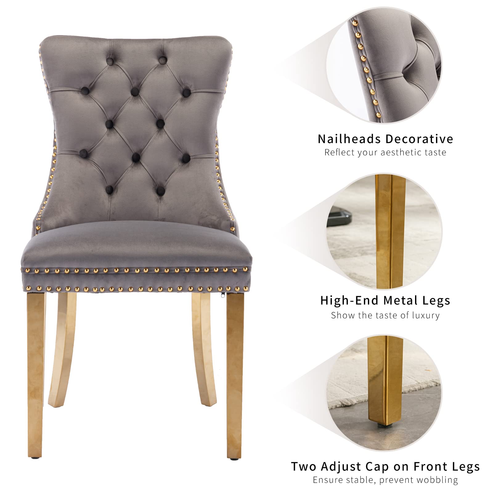 Luxury Velvet Dining Chairs Set of 2 - Tufted Upholstered Kitchen & Dining Room Chairs with Golden Metal Legs (Gray) - Perfect for Modern Home, Restaurant, and Office Decor