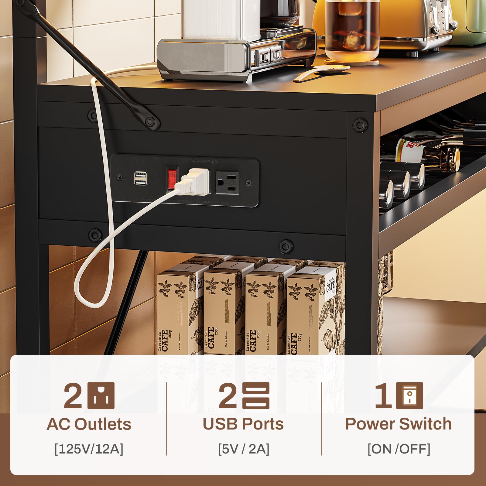 **Itaar 6-Tier Bakers Rack with Power Outlet, Coffee Bar & Microwave Stand – Includes Wine Rack, LED Lights & 10 Hooks – Kitchen Storage Organizer for Small Spaces, Black – Perfect for Coffee Stations, Pantry Organization & Home Decor**