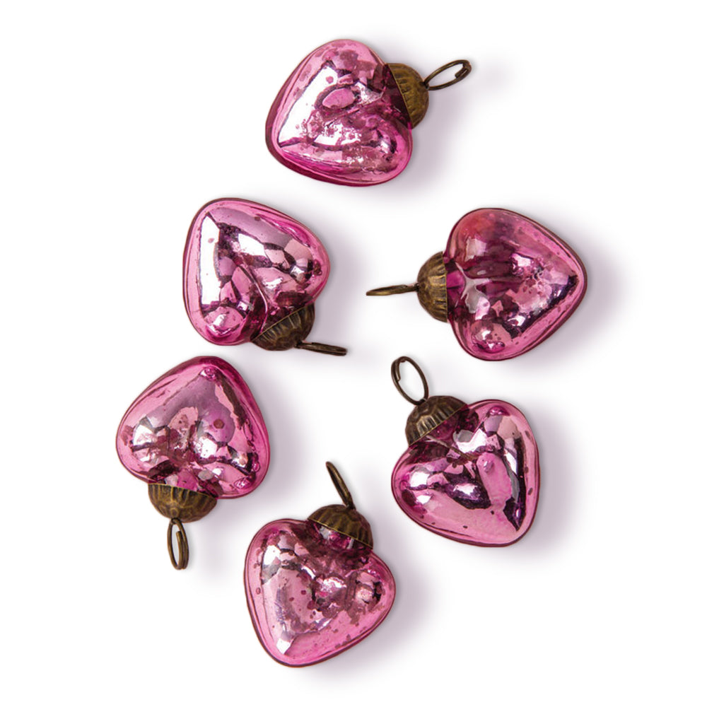 6 Pack Pink Cora Mercury Glass Heart Ornaments - Elegant Christmas Tree Decorations for Holiday Home, Party & Wedding Decor
