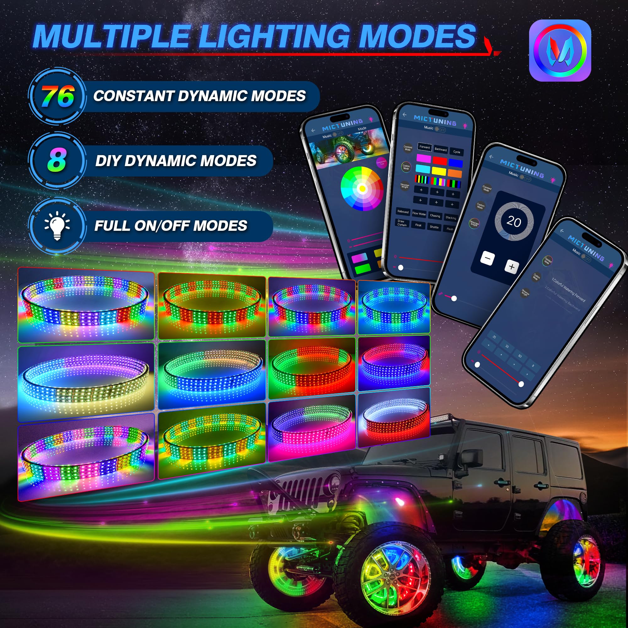 MICTUNING 15-inch RGB+IC LED Wheel Ring Lights Kit with APP Control - Dual-Row Color Chasing Neon Rim Lights for Trucks, SUVs & Cars | Turn Signal & Brake Light Effects | Perfect for Off-Roading, Car Shows & Night Driving