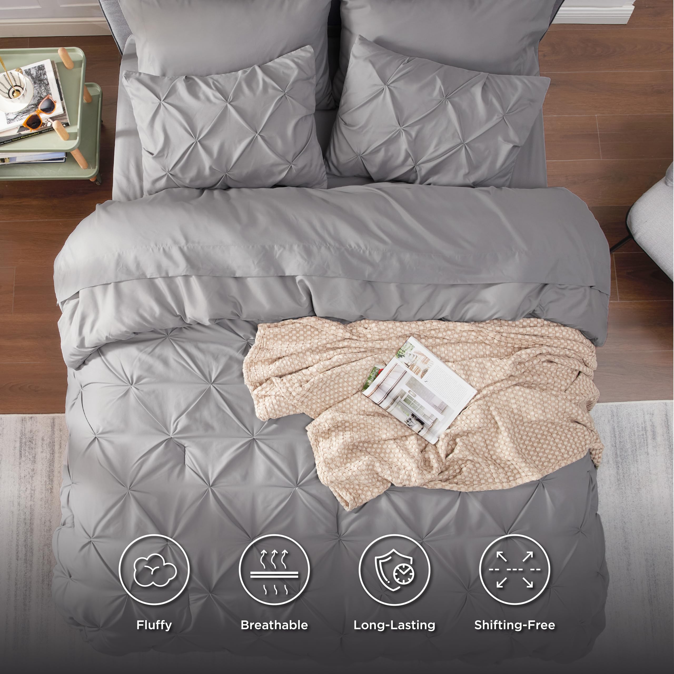 Bedsure King Size Comforter Set - 7 Piece Pintuck Bedding Set with Comforter, Sheets, Pillowcases & Shams in Grey | Luxury Bed in a Bag for Master Bedroom & Guest Room Decor