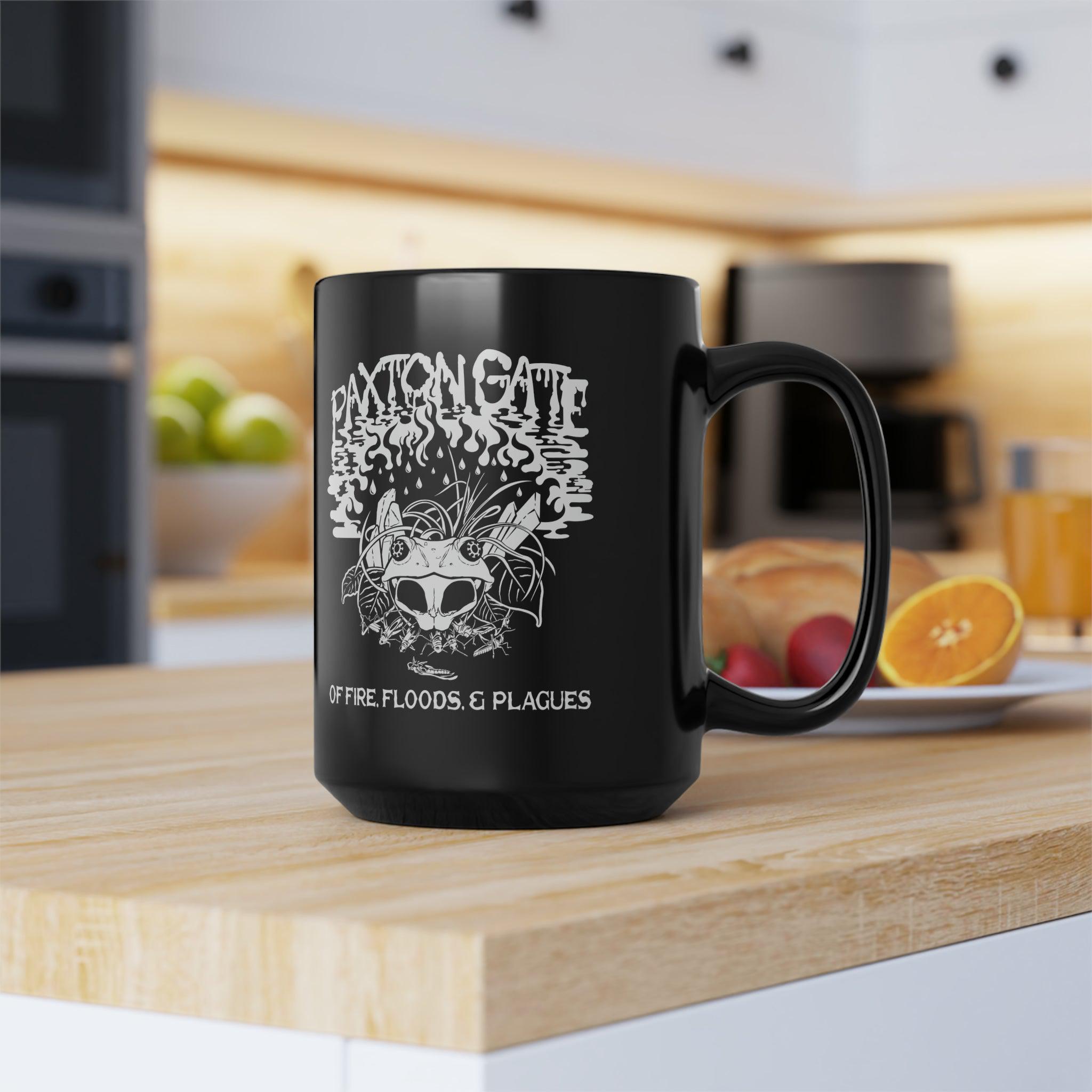 Black Fire, Floods and Plagues Ceramic Mug by Megan Lees - Unique Gothic Coffee Cup for Halloween, Dark Aesthetic Lovers & Apocalypse Themed Gifts