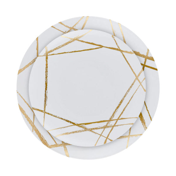White and Gold Plastic Party Bundle with Brush - Elegant Disposable Tableware Set for Weddings, Birthdays & Celebrations - Perfect for Events, Gatherings & Festive Occasions