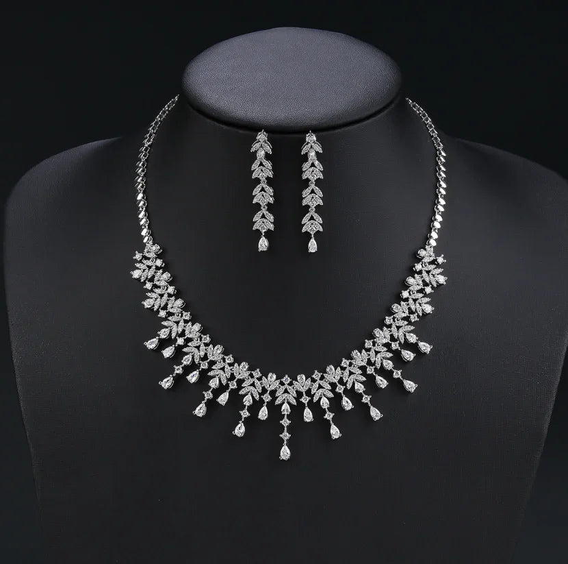 Elegant Leaf and Water Drops Necklace Earrings Set for Women - Luxury Bridal Jewelry Set with White Zirconia - Perfect for Weddings, Dubai Parties & Special Occasions - CN11203