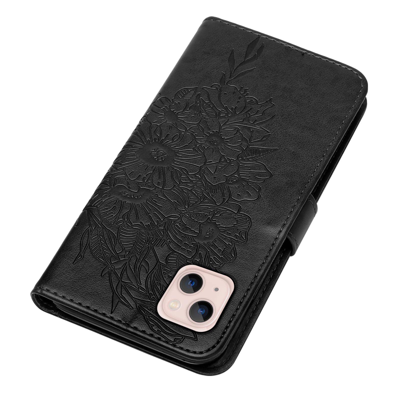Butterfly Floral Embossed Leather Wallet Case for iPhone 13/14 - Protective Flip Cover with Wrist Strap, Card Holder Slots & Stand Feature (Black) | Perfect for Everyday Use, Travel & Hands-Free Viewing