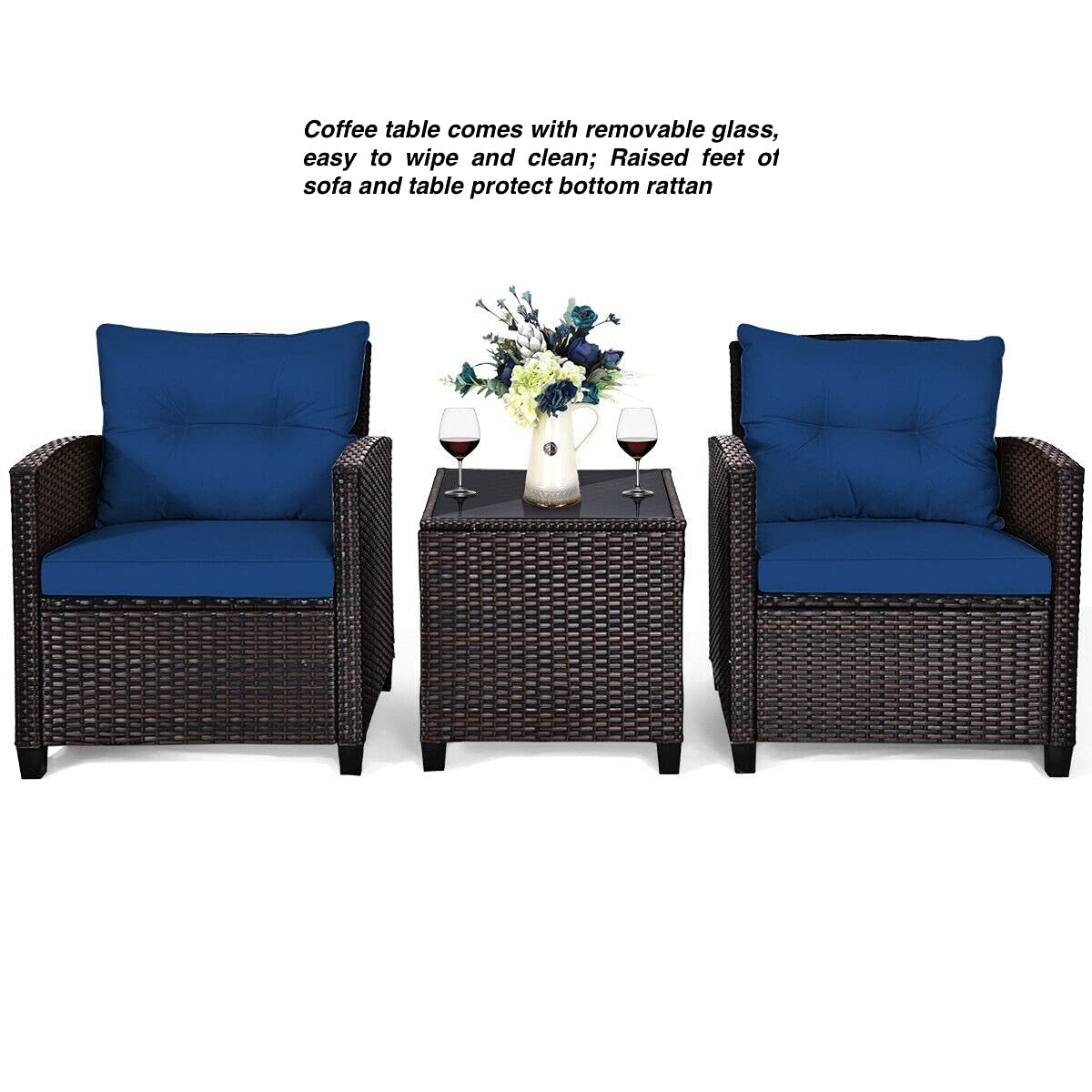 Navy Blue 3-Piece Outdoor Patio Furniture Set with 2 Rattan Chairs & 1 Tempered Glass Coffee Table - Soft Cushions Included - Perfect for Backyard, Deck, Balcony, Poolside, and Outdoor Living Spaces - Ideal for Relaxing, Entertaining, and Enjoying Nature