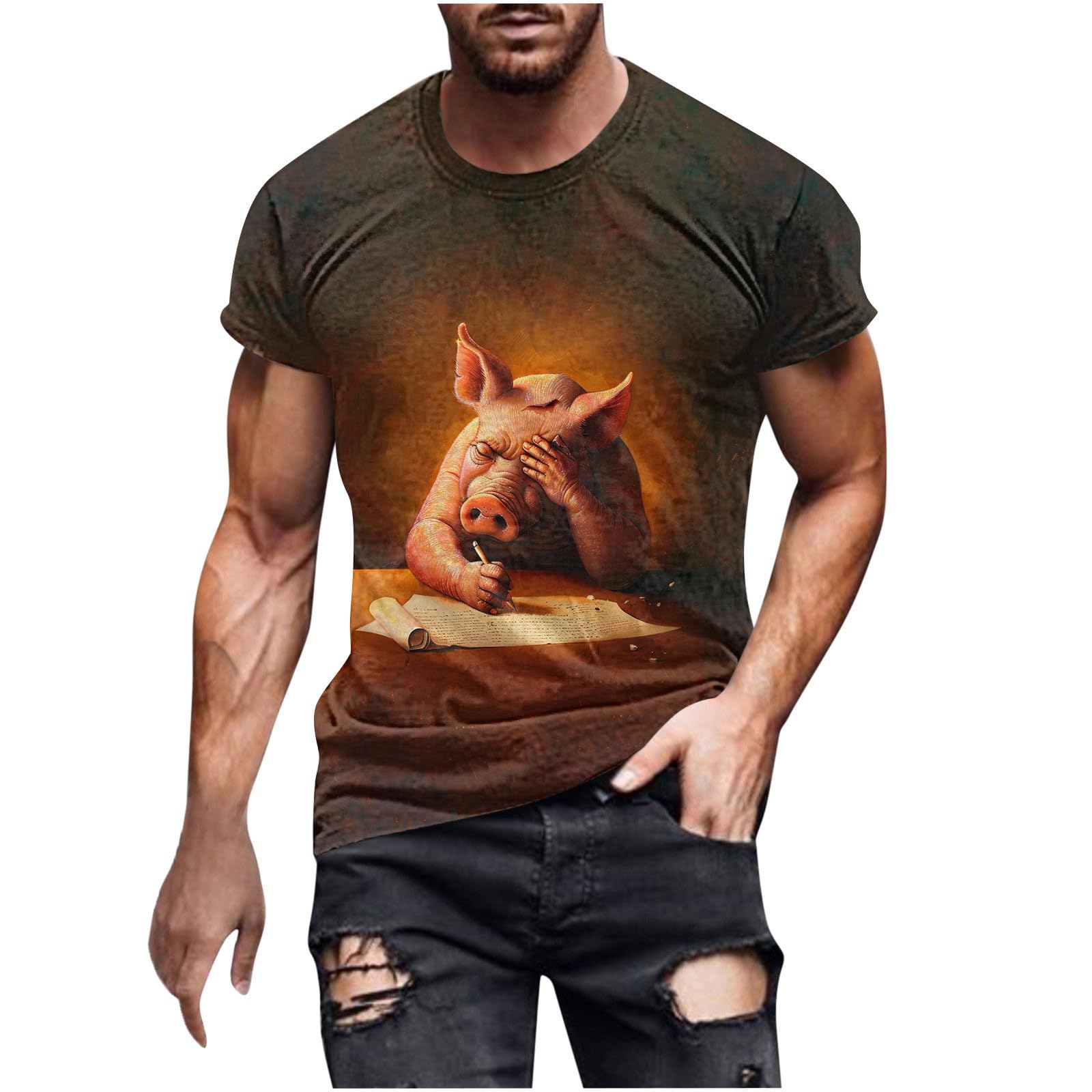 Funny Pig Graphic T-Shirts for Men - 2024 Summer Short Sleeve Novelty Tees - Casual Printed Cotton Tops - Perfect for Beach, BBQ & Casual Outings