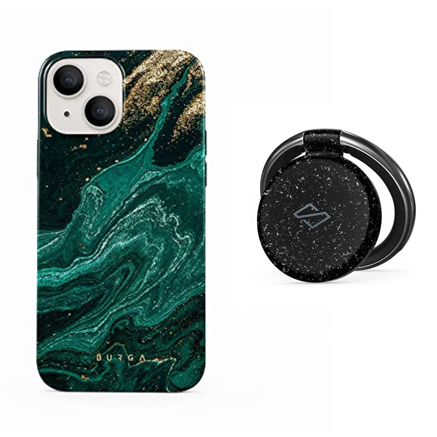 BURGA iPhone 13 Case with Metal Ring Stand Holder - 360° Rotating Finger Grip Kickstand, Shockproof Heavy Duty Phone Cover for Women | Fashion Cute Design (Emerald Pool) - Perfect for Work, Travel & Everyday Use