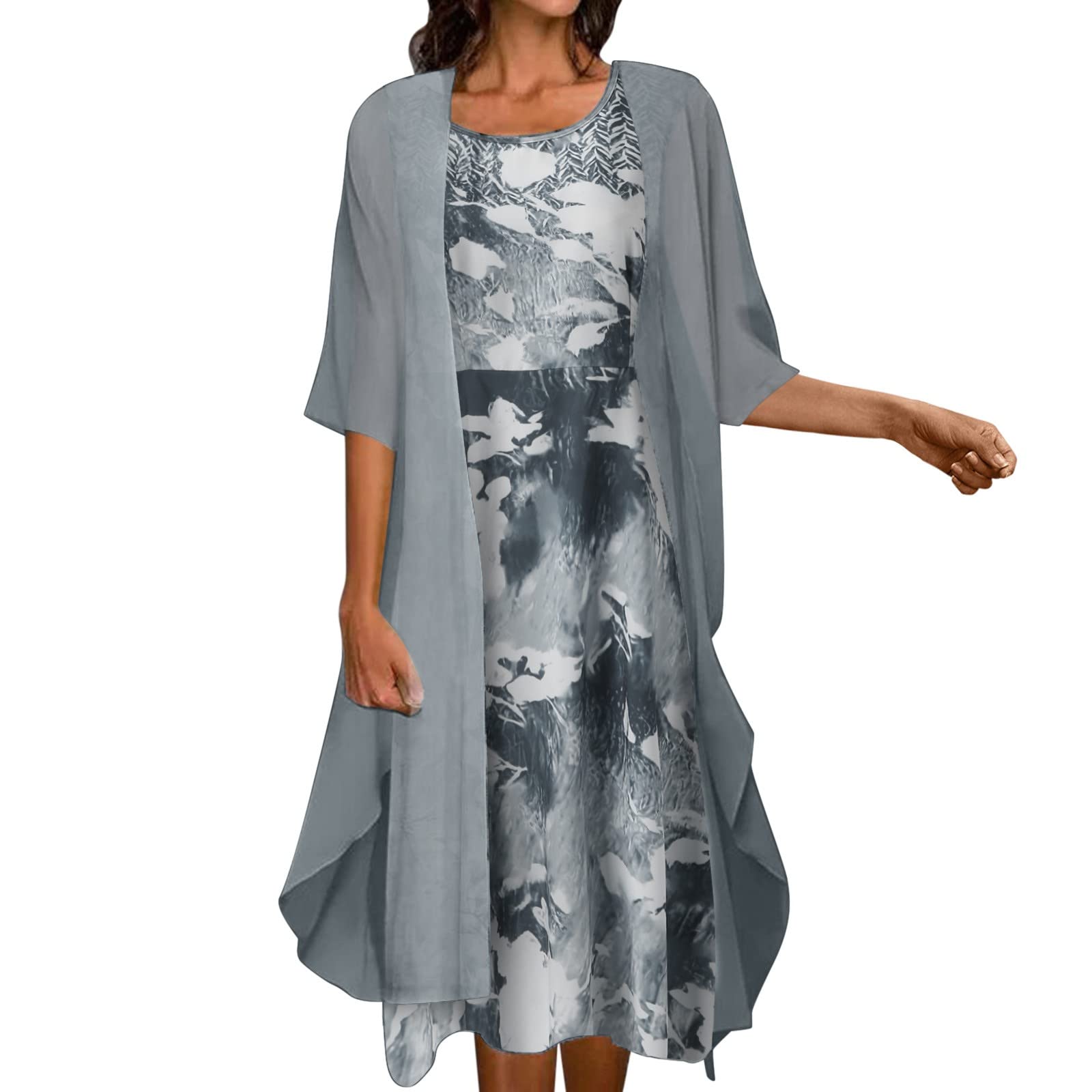 Women's Floral Print Chiffon Maxi Dress with Round Neck & Half Sleeves - Elegant Casual Summer Dress for Beach, Party & Vacation Wear