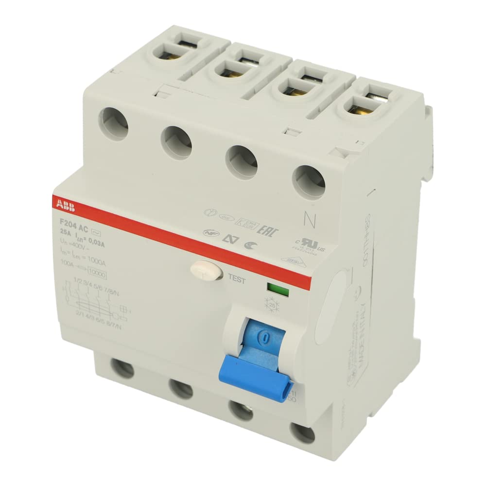 ABB F204AC-25/0.03 Residual Current Circuit Breaker 4 Pole 25A 30mA AC Type (2CSF204001R1250) - for Industrial Electrical Safety & Home Protection