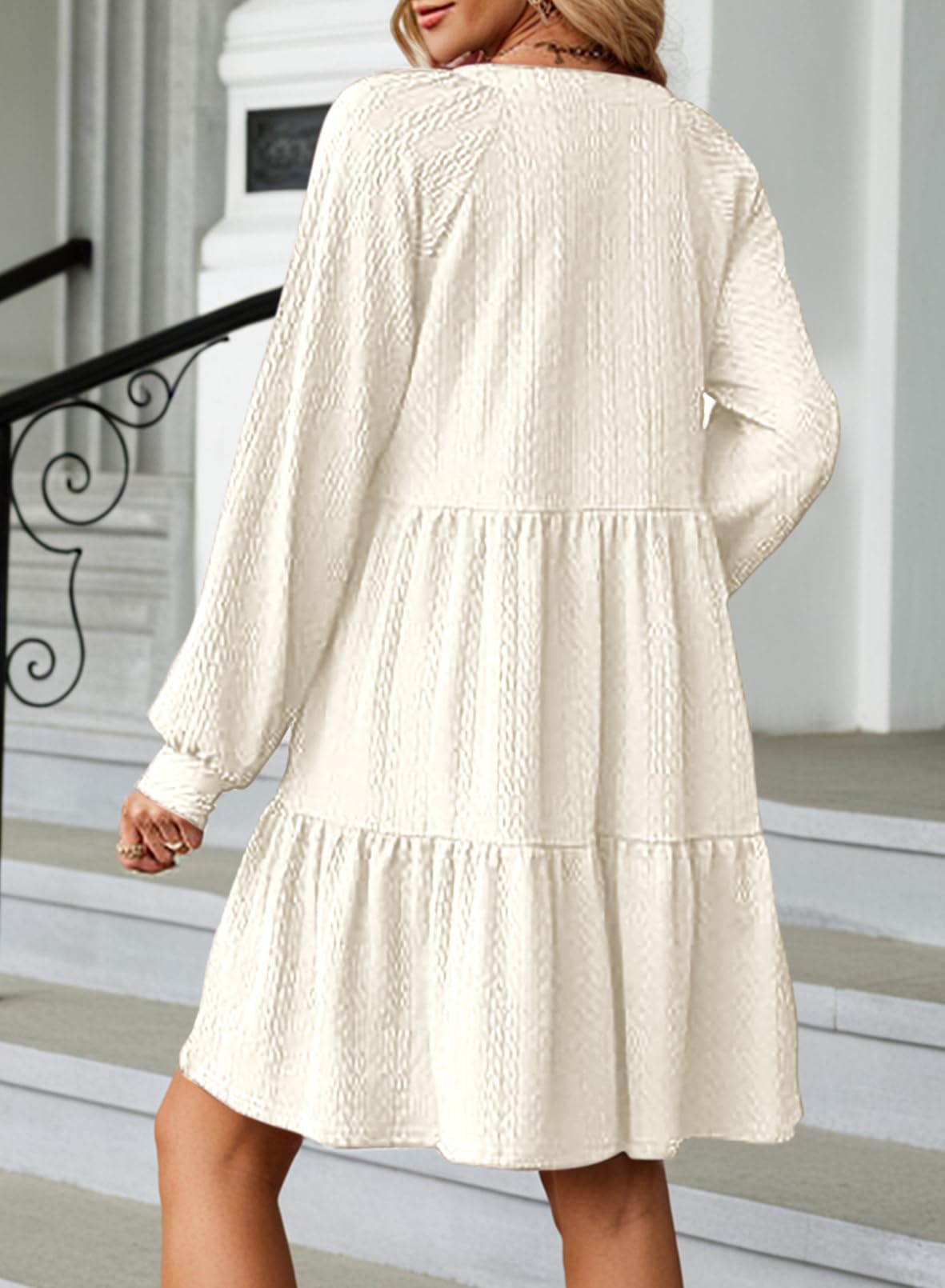 Dokotoo Women's Long Sleeve V-Neck Tiered Ruffle A-Line Mini Dress - Textured Casual Swing Babydoll Dress for Party, Date Night & Spring Fashion 2025