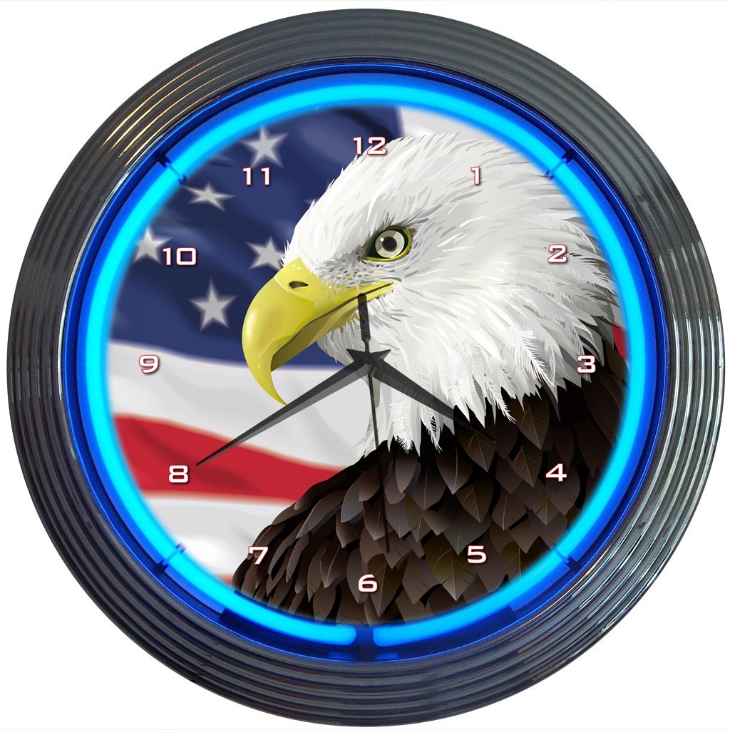 American Flag Eagle Neon Wall Clock - 15 Inch Patriotic Decor for Home, Office & Man Cave | Unique LED Night Light Gift for Veterans & Independence Day