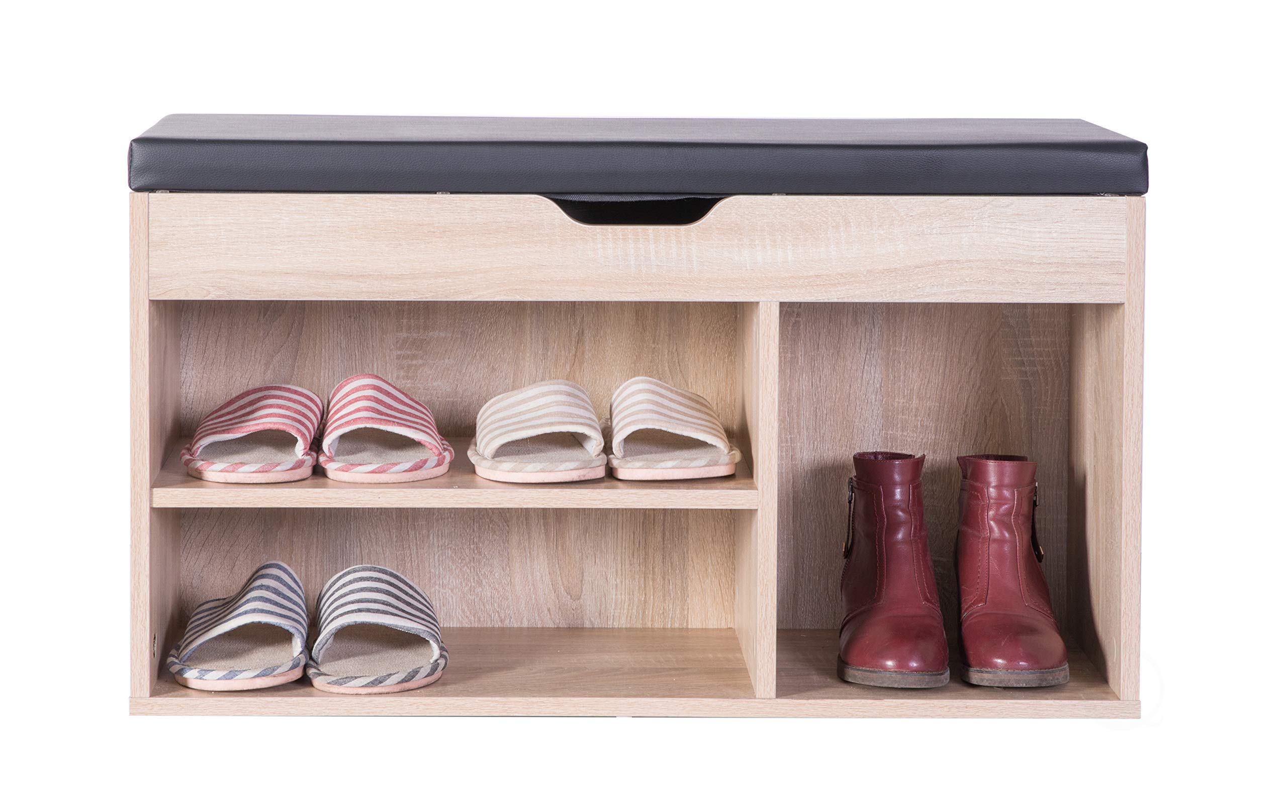 Basicwise Solid Oak Entryway Storage Shoe Rack with Bench Seat - Space Saving Organizer for Shoes, Boots & Outdoor Gear - Perfect for Hallway, Mudroom or Apartment Entryway