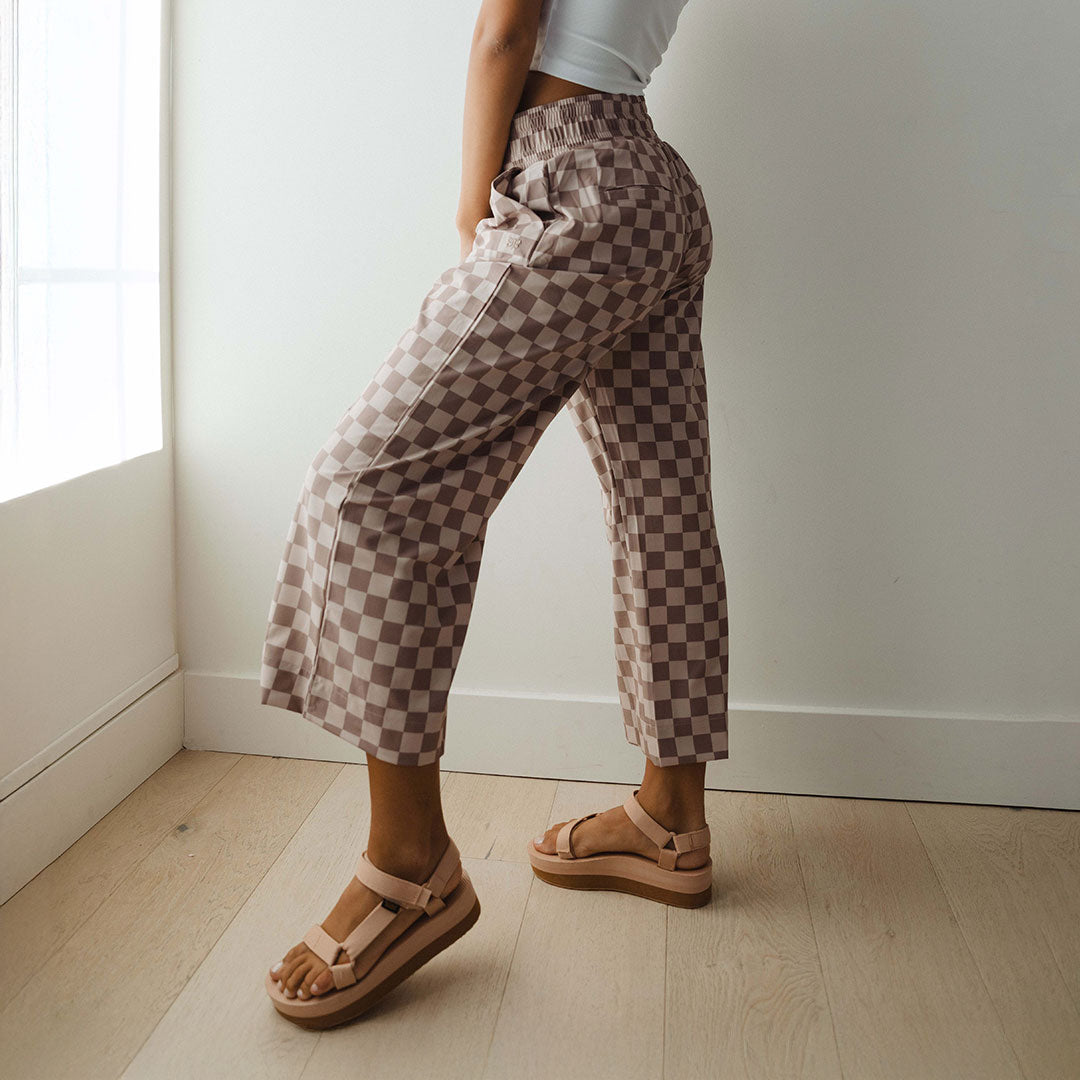 Audrey Wide Leg Pants for Women - Brown Checkered High Waist Trousers | Comfortable Office & Casual Wear | Perfect for Work, Travel & Everyday Outfits