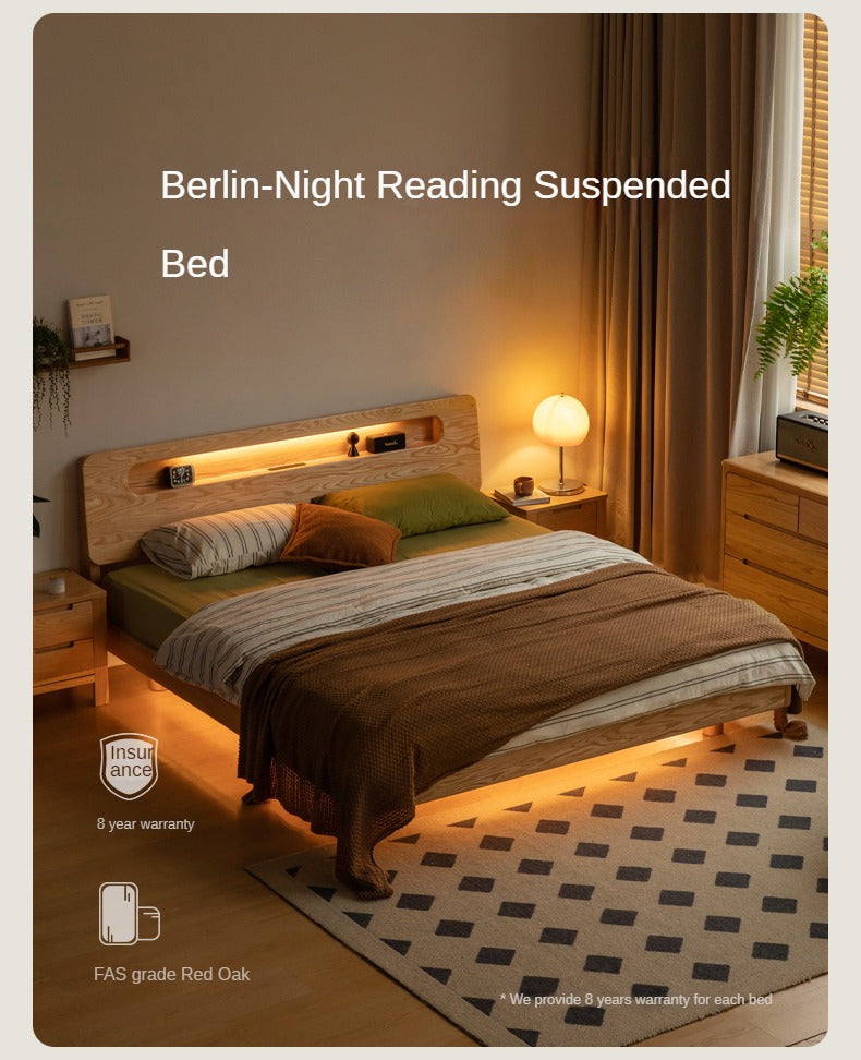 Solid Oak Wood Suspension Luminous Bed - Modern Floating Platform Bed with LED Lighting for Bedroom, Guest Room, or Dorm