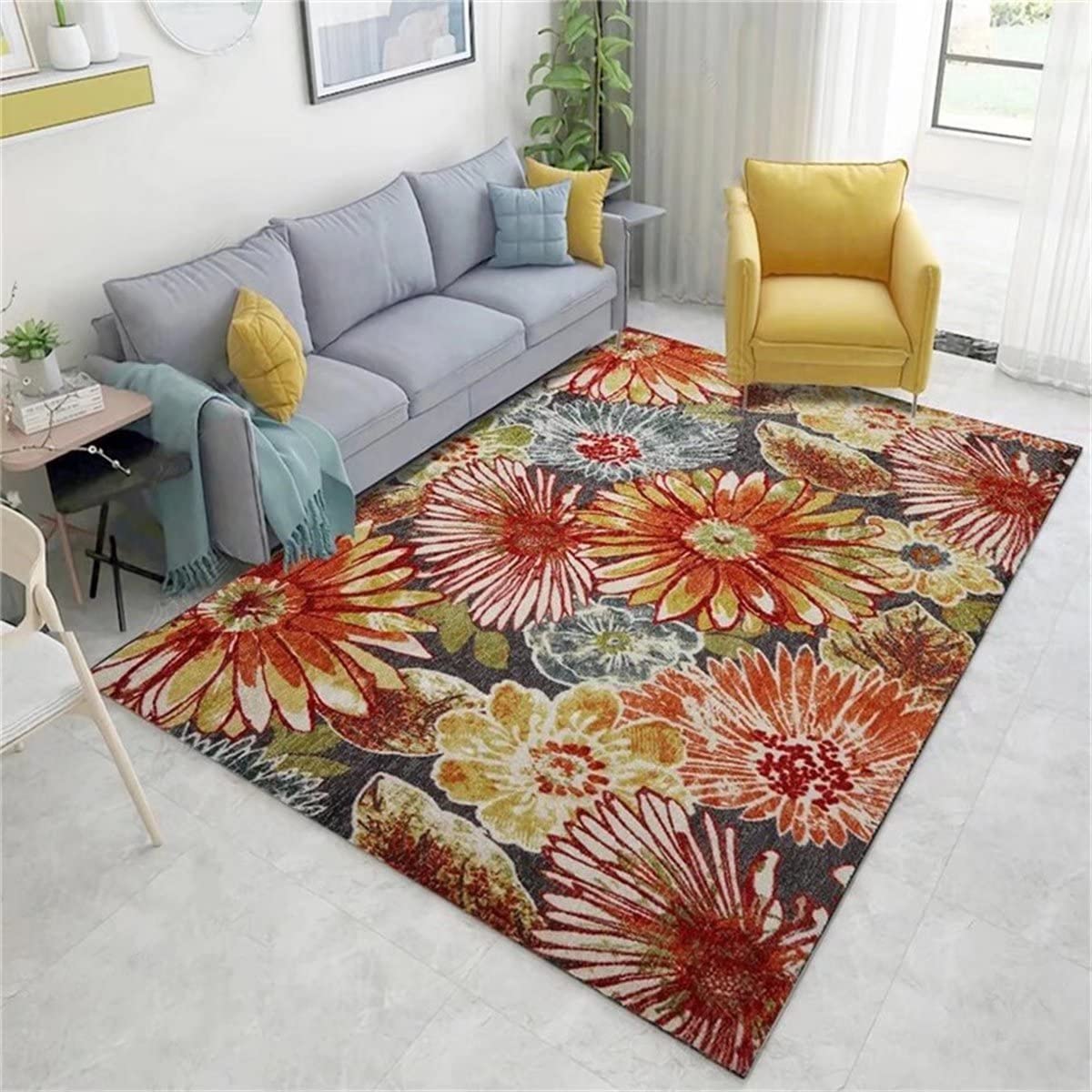 Large 4'x6' Boho Floral Area Rug - Vintage Blooming Flowers Washable Carpet for Living Room, Bedroom & Kitchen - Perfect for Under Table, Sofa & Home Decor