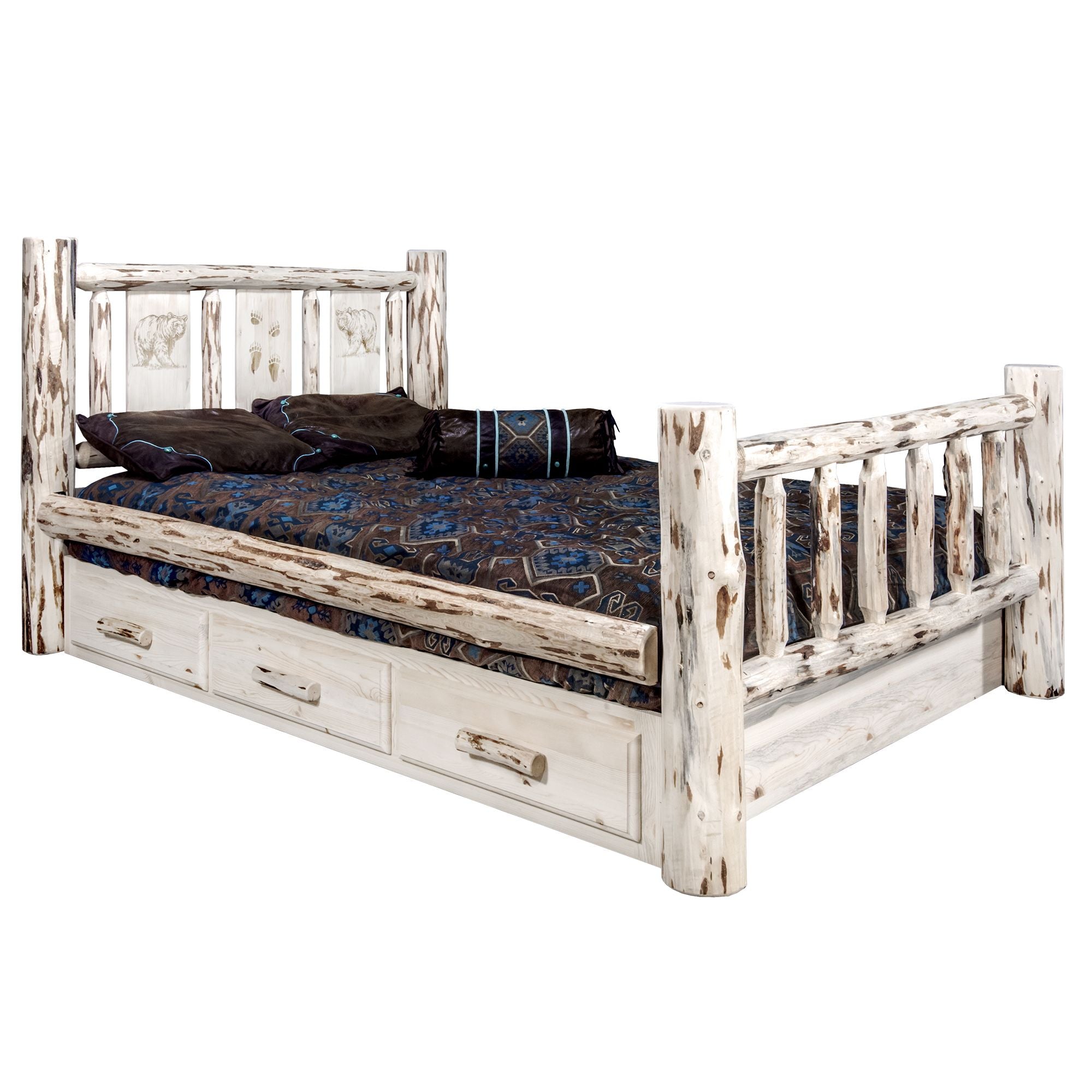 Montana Storage Bed with Laser Engraved Design - Unfinished Solid Wood Platform Bed with Underbed Storage - Perfect for Bedroom, Guest Room, or Small Space Organization
