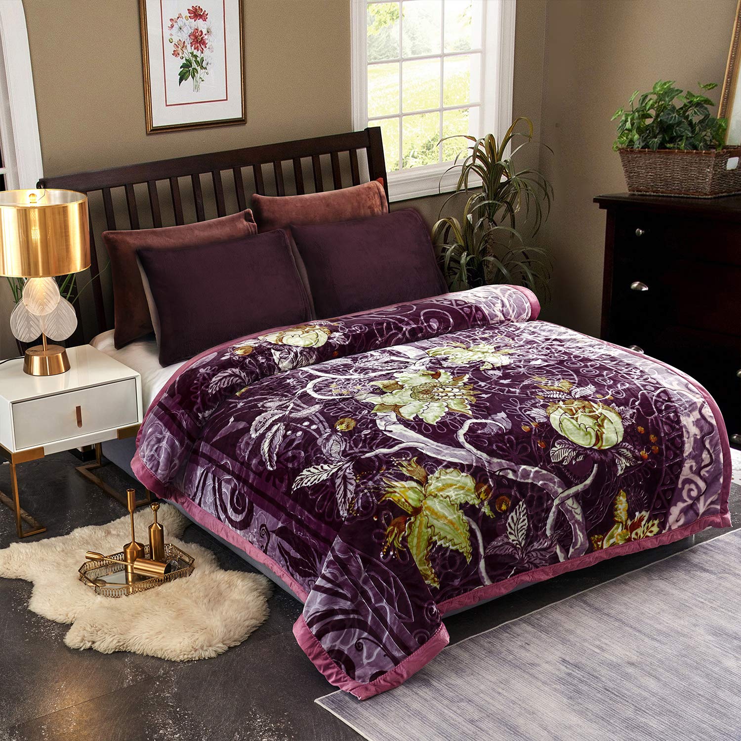 JML Plush Raschel Blanket - Ultra Soft Korean Mink Fleece Blanket, 2-Ply Printed Design (Purple, Queen Size) | Perfect for Bedroom, Sofa, Travel & Gift Giving