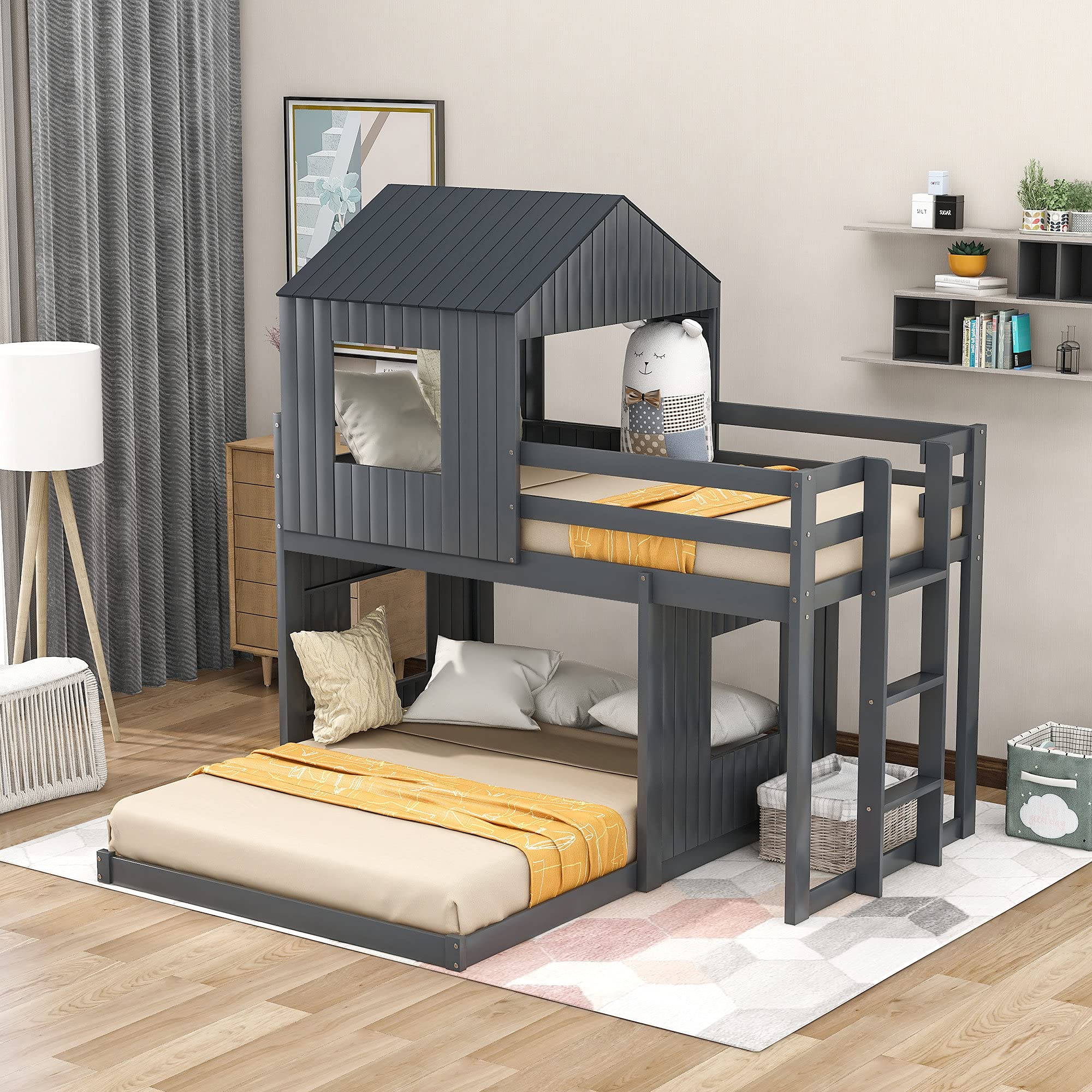 **Kids Twin Over Full Bunk Bed with Slide - Wooden Playhouse Bed with Roof, Window, Guardrail & Ladder - Fun & Safe for Boys & Girls (Gray) - Perfect for Bedrooms, Playrooms & Small Spaces**