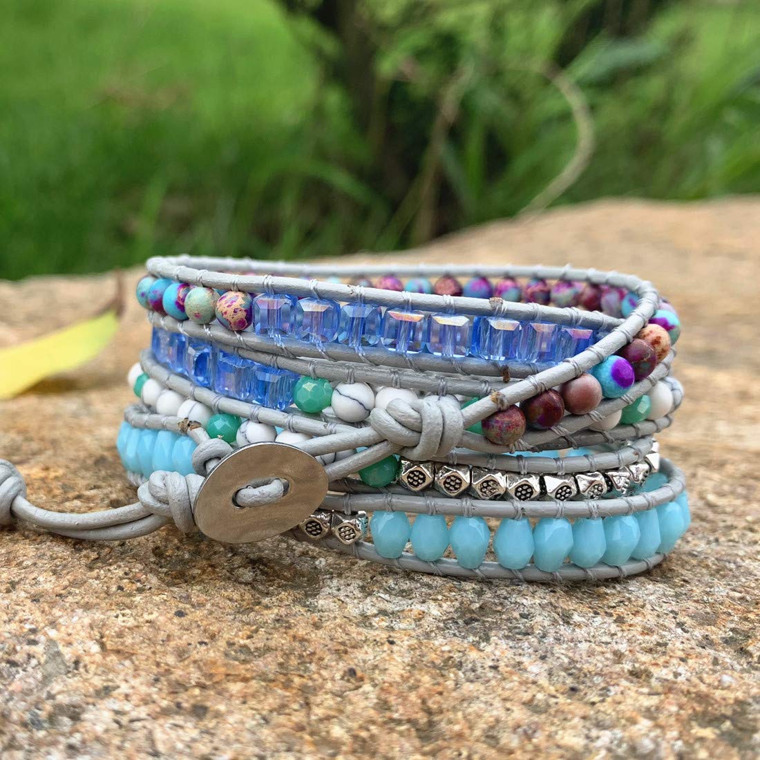 YGLINE Handmade Leather 5-Wrap Bracelet with Jasper Beads - Multi-Layer Yoga Bracelet in Mix Colorful Gemstones for Healing & Meditation | Perfect for Yoga Practice, Spiritual Healing & Boho Fashion Accessories