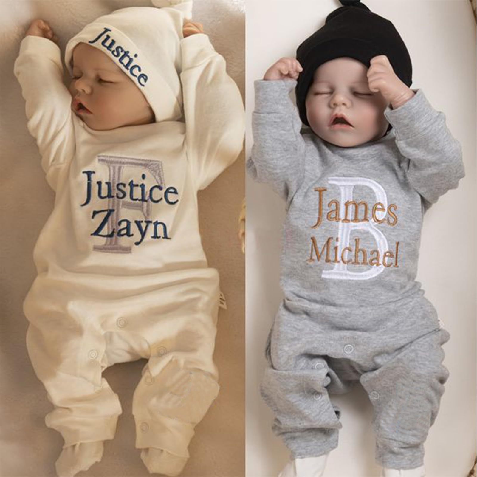 Personalized Baby Coming Home Outfit - Custom Newborn Romper with Monogrammed Beanie & Embroidery | Soft Oatmeal Footie Sleeper | Perfect Baby Shower Gift & Christmas Present for Newborns | Ideal for Hospital Photos, First Outings & Special Occasions