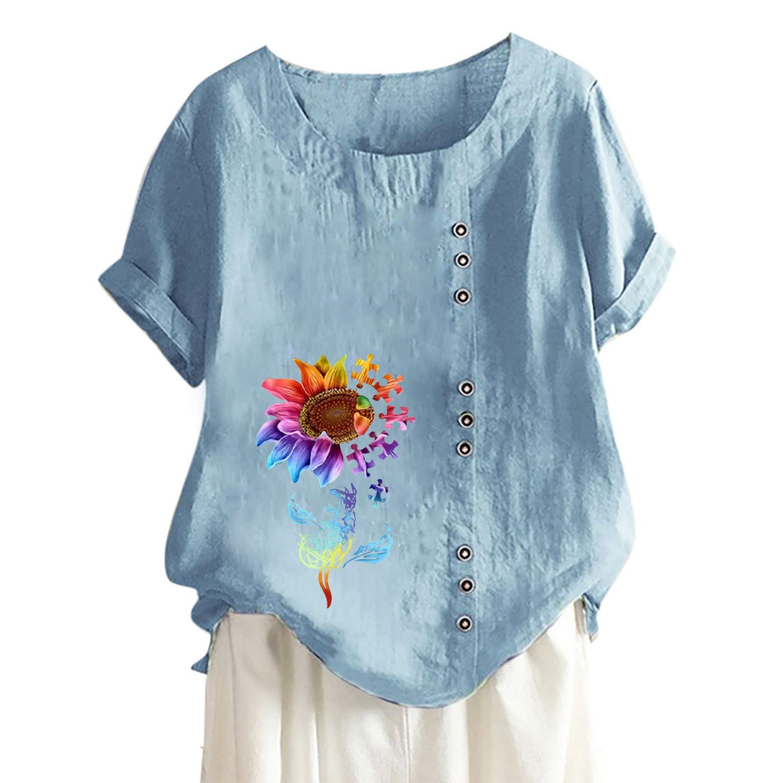 Women's Fashion Cotton Linen Blouse - Short Sleeve Printed Loose Top & Classic Shirt | Casual Wear, Office Outfits & Summer Style