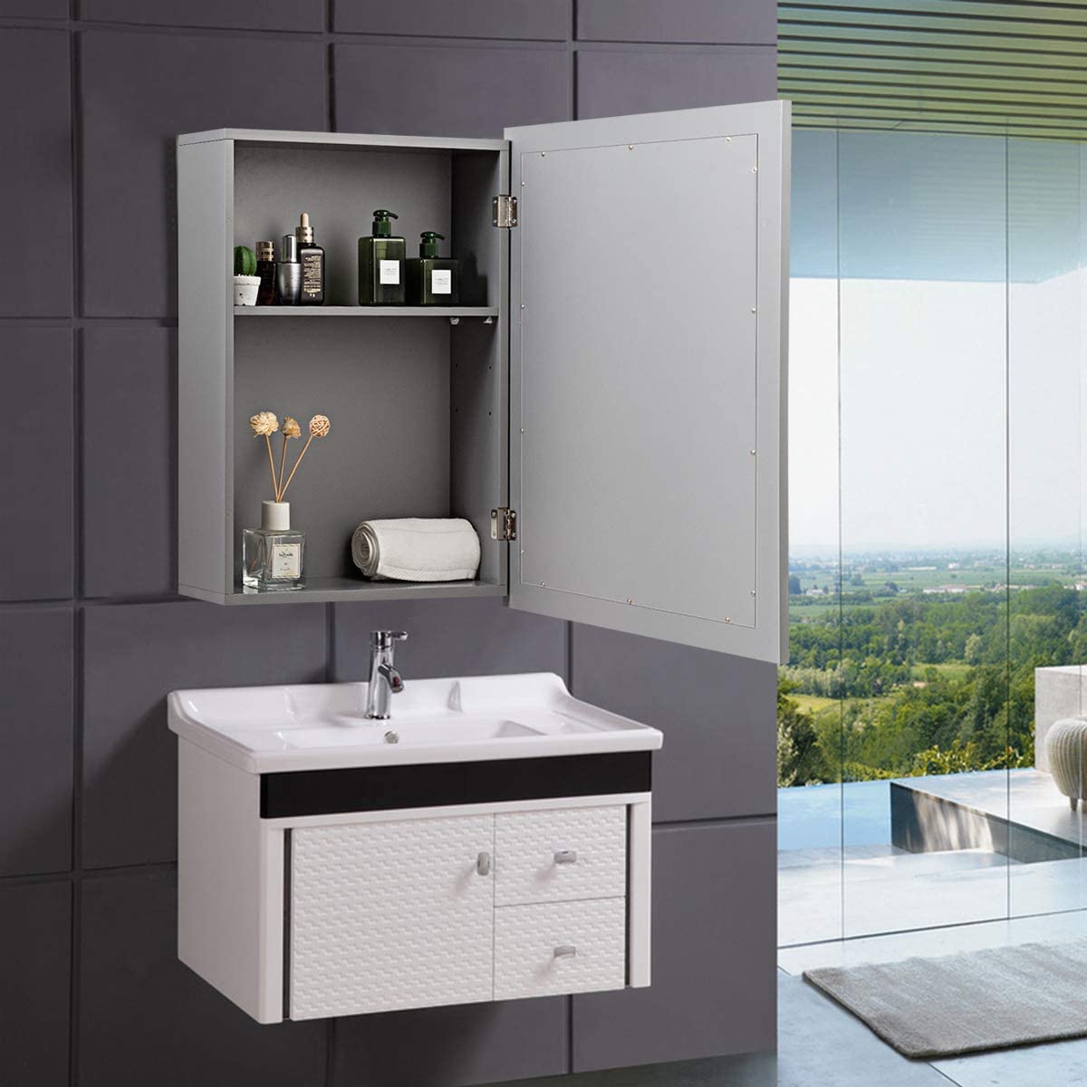 Tangkula Gray Mirrored Bathroom Wall Cabinet - Single Door Medicine Storage Cabinet with Mirror for Bathroom Organization | Perfect for Small Spaces, Vanity & Makeup Storage