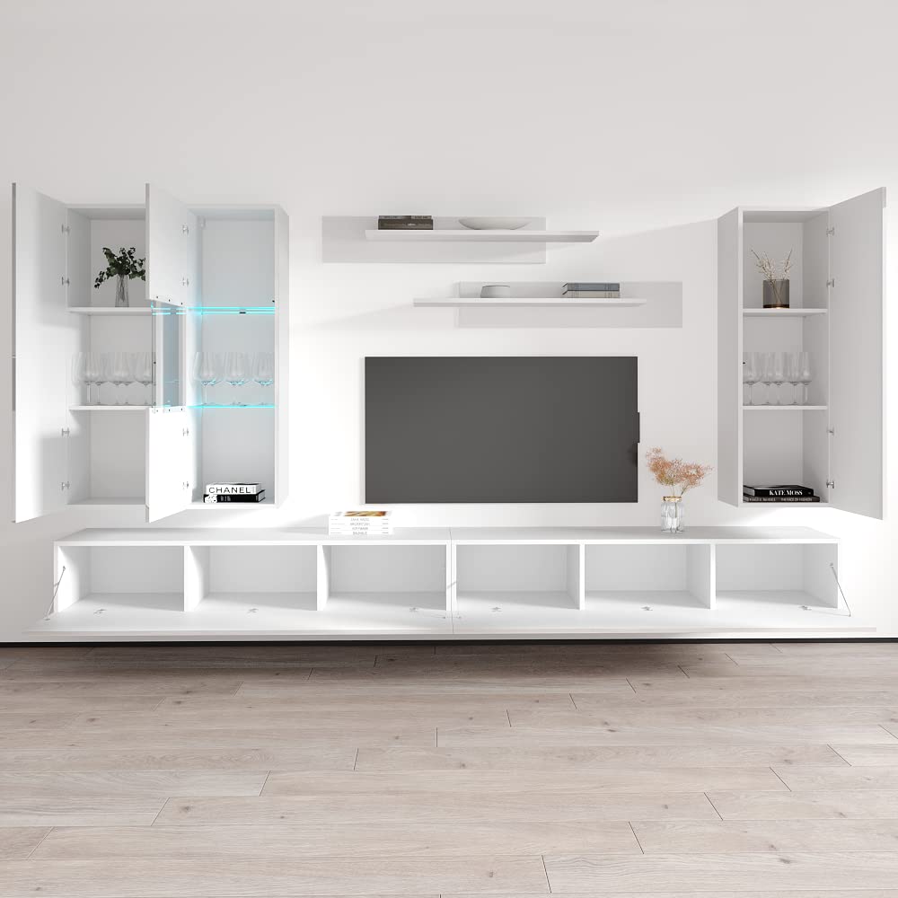 Modern Floating TV Stand with Storage & LED Lights - Wall-Mounted Entertainment Center Console for Bedroom & Living Room - White Meble Furniture Fly EF5 30
