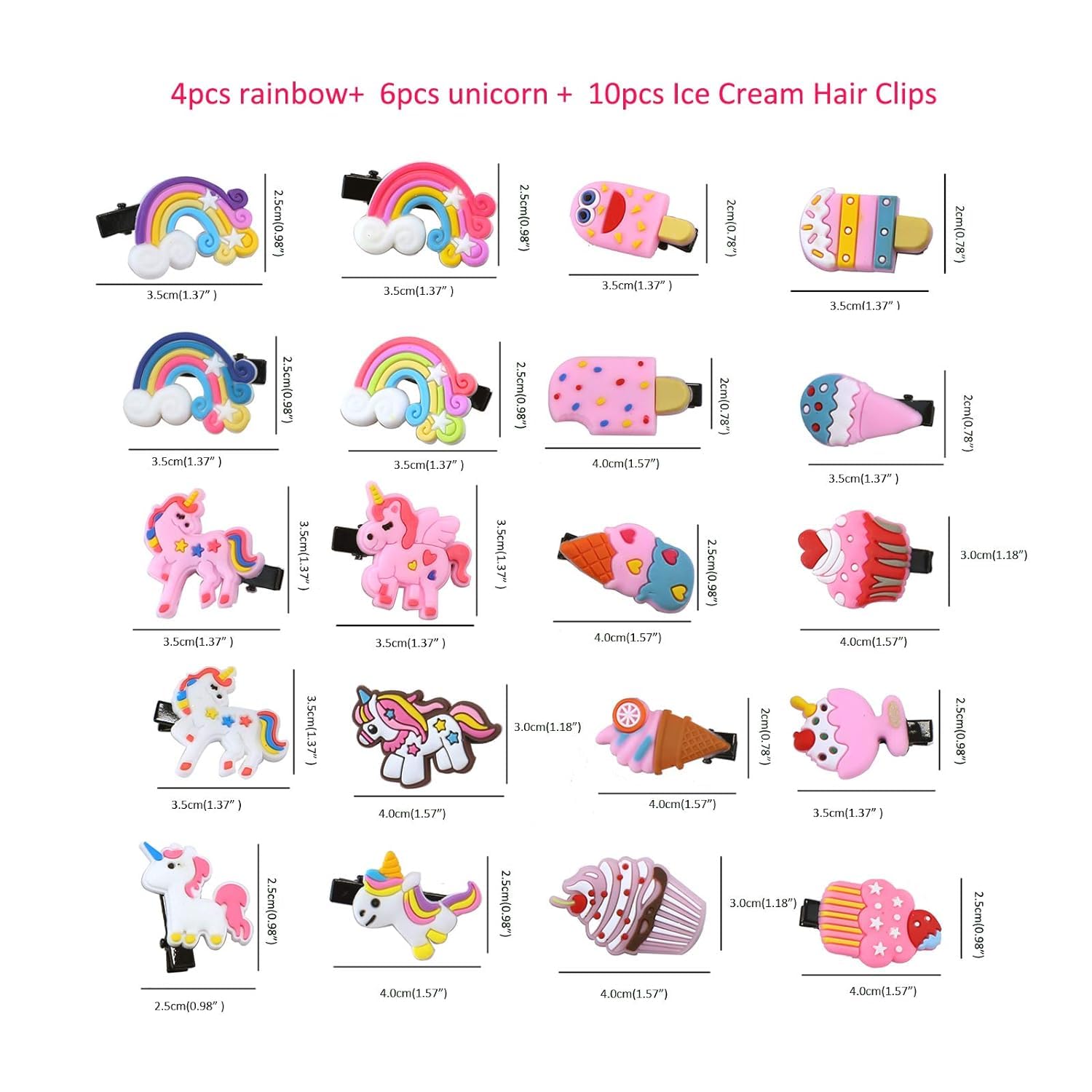20pcs Rainbow Unicorn Ice Cream Hair Clips Set for Girls - Cute Toddler Hair Barrettes & Hair Accessories - Perfect for Birthday Parties, School, and Daily Styling